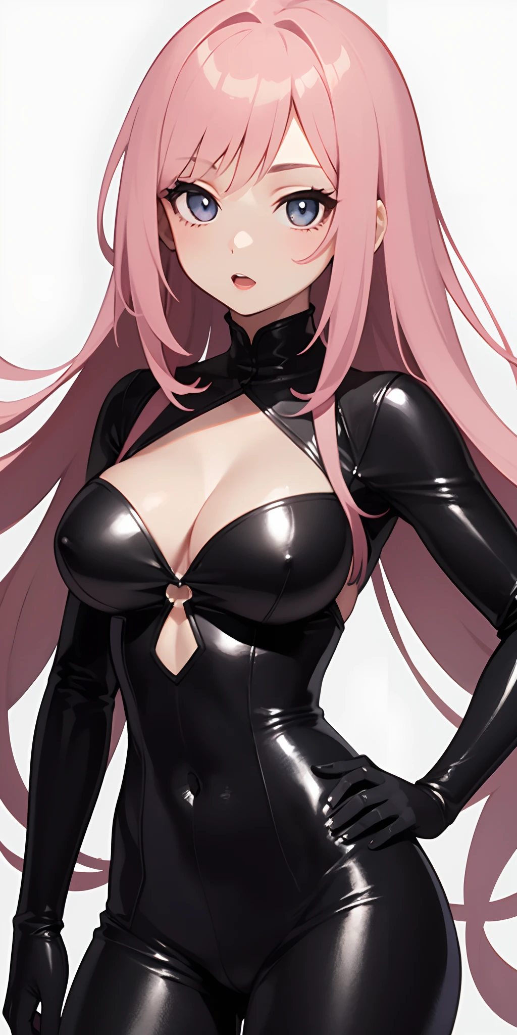 1girl, anime, cute girl, rogue, blank background, white background, fantasy, very detailed dark leather fantasy outfit with highlights, beautiful face, beautiful eyes, dark colors, assassin, medium breasts, slight cleavage, beautiful skin, cute, pink hair, breast curtains, extremely delicate and beautiful, (beautiful detailed face:1.0), (detailed deep eyes), symmetrical breasts, deep eyes, steam, shiny skin, portrait, slender waist, hips wider than shoulders, thighs