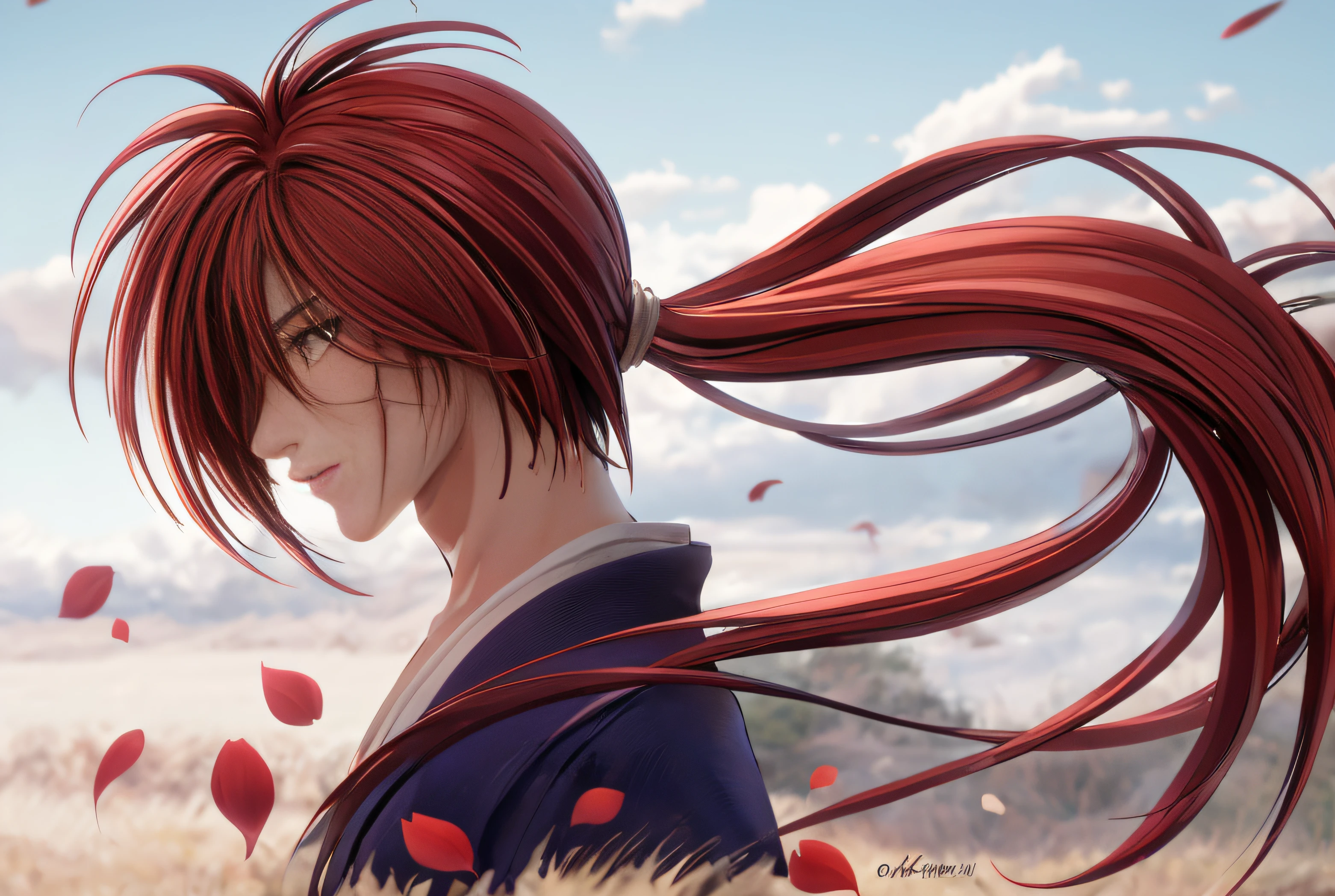 retrato de perfil de Kenshin Himura (Rurouni Kenshin), cabello al viento atado en una cola, pelirrojo, obra de arte, detalles delicados, petalos de cerezo al viento, parece un renderizado 3D, retrato de alta calidad