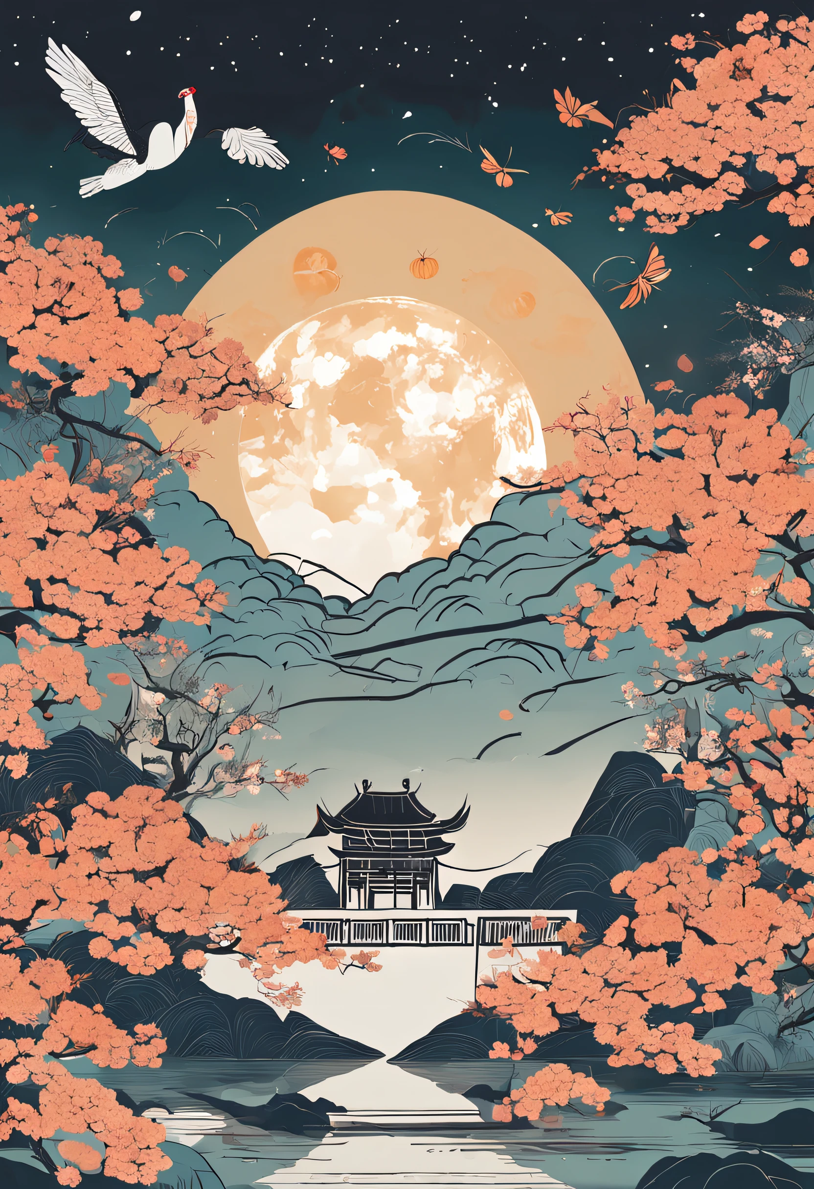 Mid-Autumn Festival,court,Chang'e,Chinese painting style,classical,Clear lines,Neutral colors