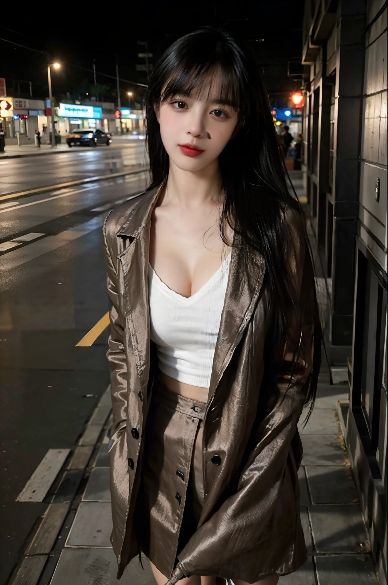 (8k, RAW photo, best quality, masterpiece:1.2), yjnn, 1girl, 3d, black hair, building, city, coat, looking at viewer, realistic, shirt, solo,(realistic, photo realistic:1),
