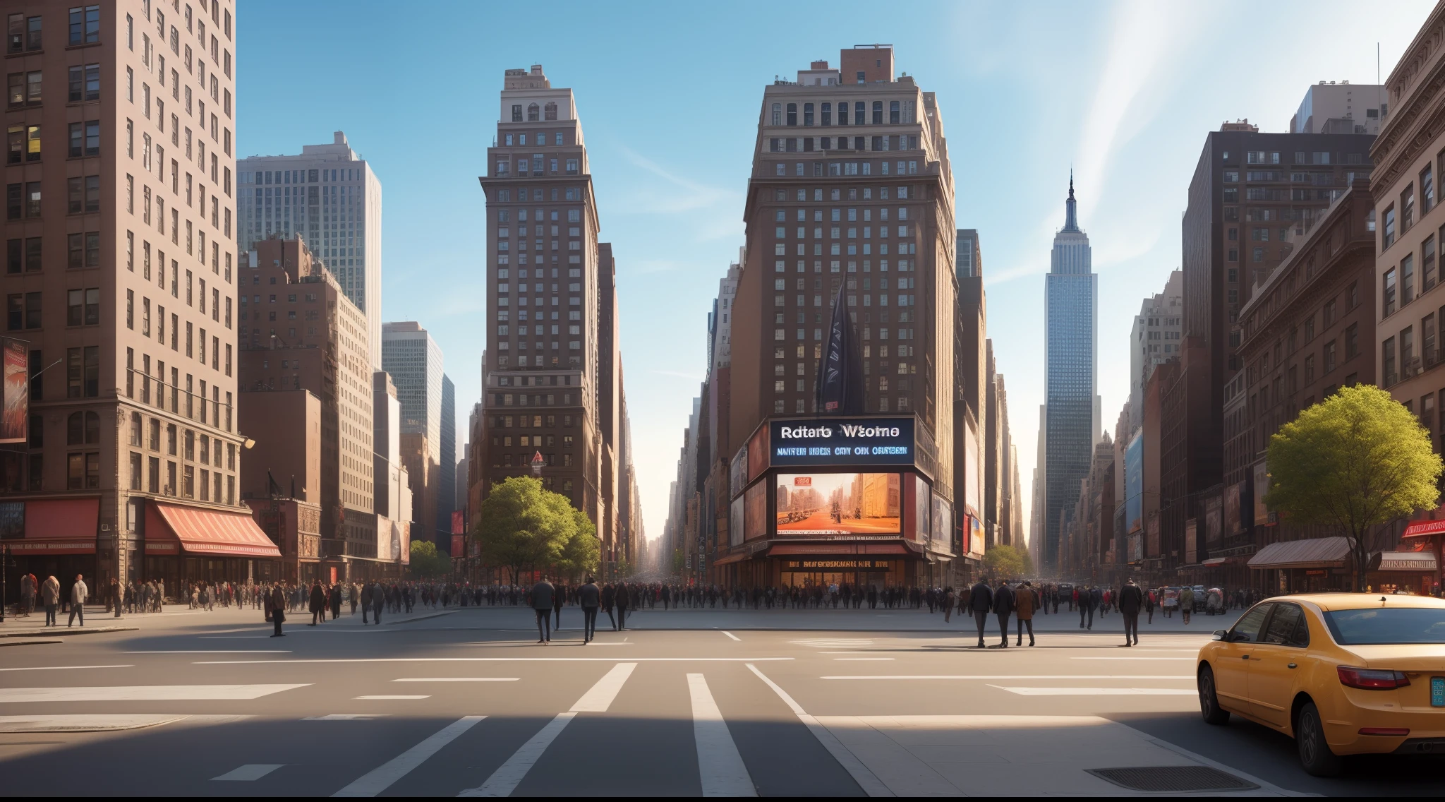 realistic image of newyork square with many people and billboards