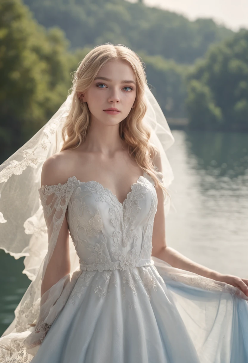 1 beautiful girl, (Realistic:1.3) full body, standing photo, stand in front a blue lake, white wedding dress, soft dress, blond hair, blue eyes, wavy hair, masterpiece, diffuse soft lighting, portrait, best quality (perfect face:1.4), ultra-realistic highly detailed intricate realistic simulation style photo sharply focused on eyes, cinematic lighting, studio shot, elegant pose