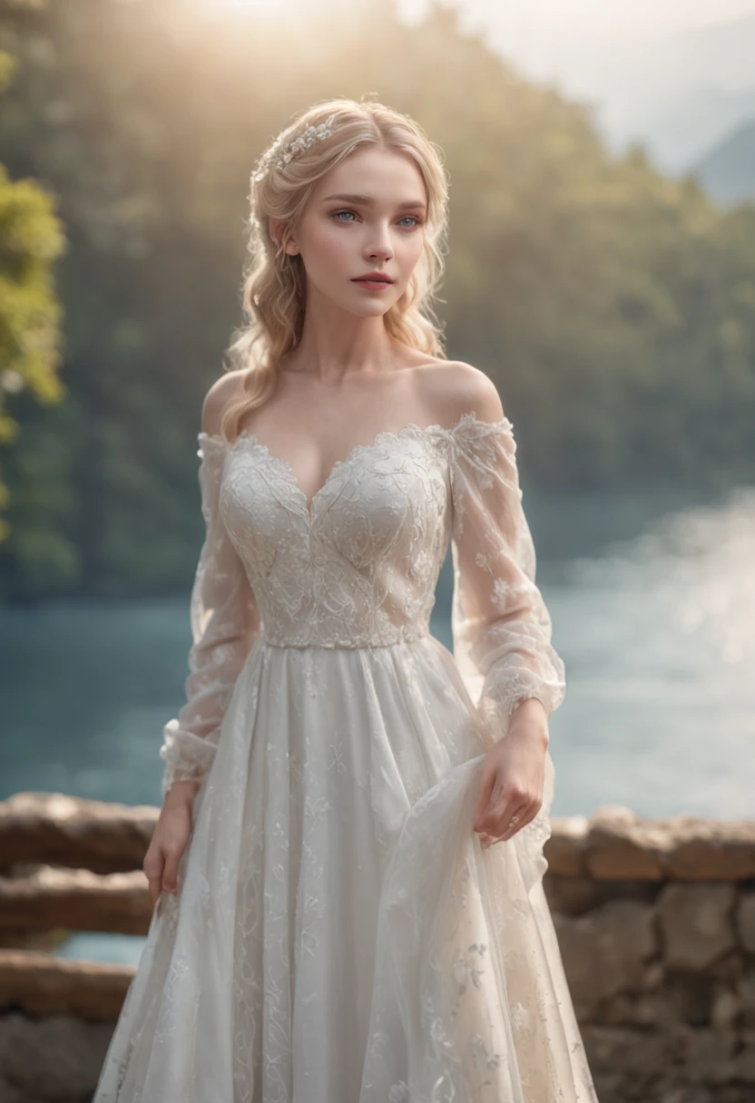 1 beautiful girl, (Realistic:1.3) full body, standing photo, stand in front a blue lake, white wedding dress, soft dress, blond hair, blue eyes, wavy hair, masterpiece, diffuse soft lighting, portrait, best quality (perfect face:1.4), ultra-realistic highly detailed intricate realistic simulation style photo sharply focused on eyes, cinematic lighting, studio shot, elegant pose