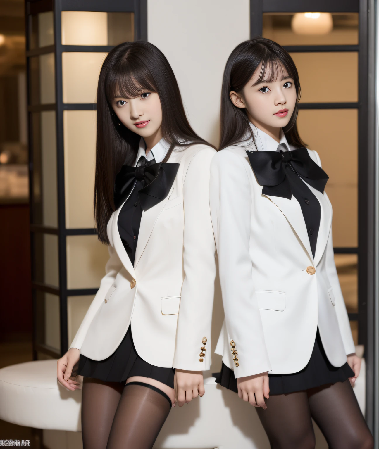 ((Best Quality, 8K, Masterpiece: 1.3)), a beauti, In addition, melon face, Friendly and cute, sweet smile, Pure desire, Slender body, (s whole body), (tilted head), ((looking at camera)), Medium Black Silky Straight Hair, Long flowing shoulders, round black big eyes, clear big eyes, moist red lips, Cafe shop background, ((full body shooting)), (White Blazer, bows, Sock, Black stockings, High School Uniform: 1.2, ), (Big breasts), (full body shots)