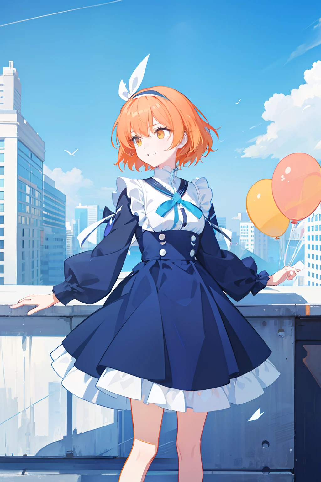 masterpiece, best quality, 1girl, solo, orange hair, short hair, shoulder-length hair, straight hair, orange eyes, round eyes,, ((blue apron dress)), ((long sleeves)), knee-length dress, frills, (((white ribbon hair band))), On the roof of a building, leaning against the fence on the roof, overlooking the road, as close as it might fall in the noon, blue sky, clear sky, many balloons, orange balloons, laughing