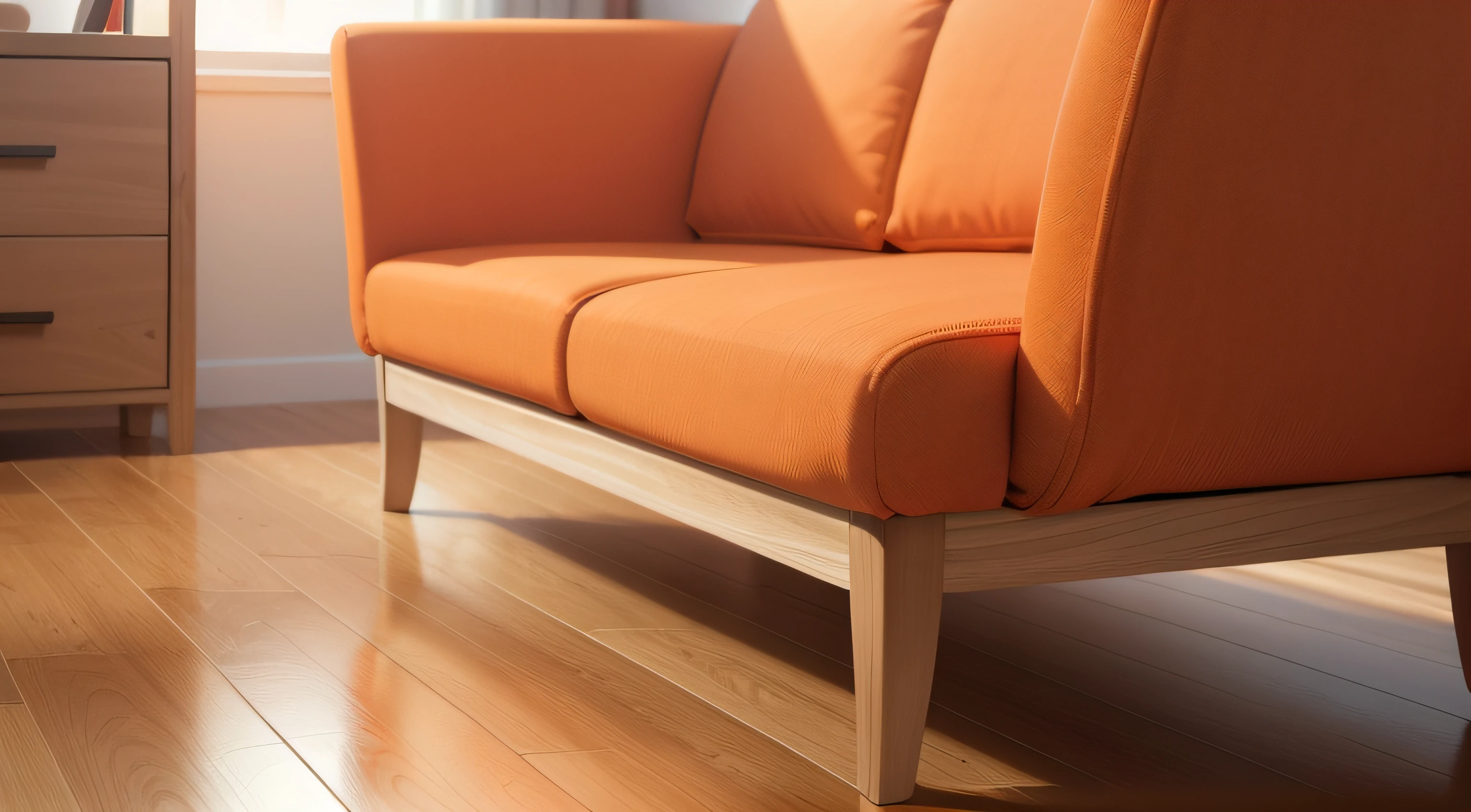 Close-up of orange fabric sofa，Wood-colored flooring，well-illuminated，Realistic and realistic