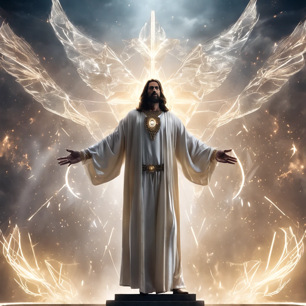 Imagem de um homem sereno no meio de nuvens de cristal (Jesus Christ, Son of God, in an elegant and imposing pose in futuristic battle clothes, ascending to heaven while looking into the camera;), magia branca reluzente ao redor, Controle de luminosidade, passo da luz, Light spells), Fantasia De Alta Qualidade Foto Stock, Fantasy Style 8k Octane Rendering, Elden Ring Cinematic Lighting, (octan render) estilo fantasia, unreal motor render saint seiya, picture of a male cleric, dramatic epic cinematic lighting, biblical epic movie, fantasy character Octane rendering, Epic scene of Jesus Christ