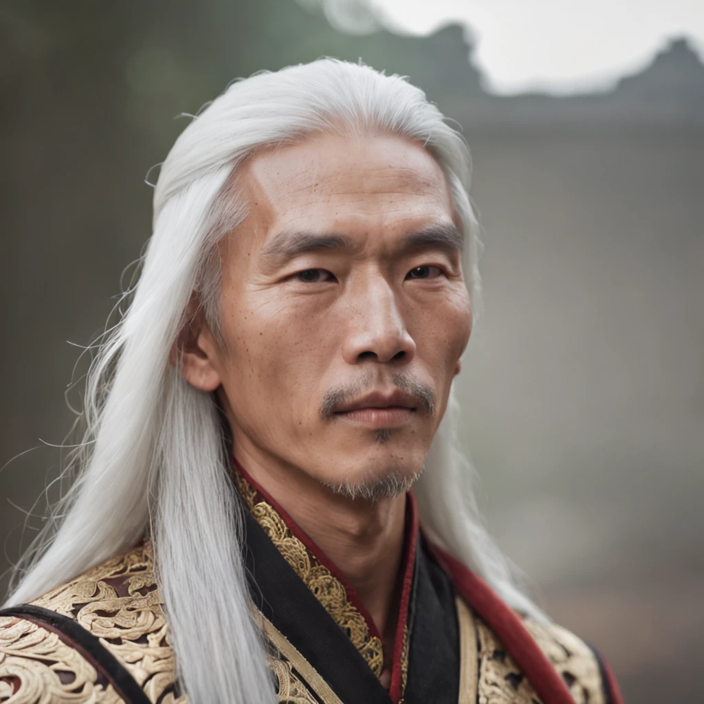 (dynamic pose:1.3),(dynamic camera:1.3),foto raw,(A handsome, thin Chinese man with long white hair, caminhando em meio a chamas negras, vestindo um manto vermelho, with patterns of golden dragon scales on his face), master part, fotografia premiada, luz natural, perfect composition, High detail, hyper realistic,sombras da foto,photographic,Realistic