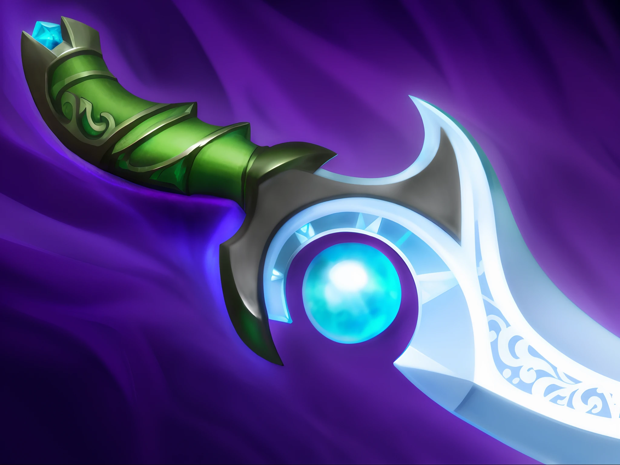 Dagger close-up，The silver dagger has a metal pattern，There is a light blue gemstone on the dagger，Blue-purple background，Green grip，Blue-violet fog
