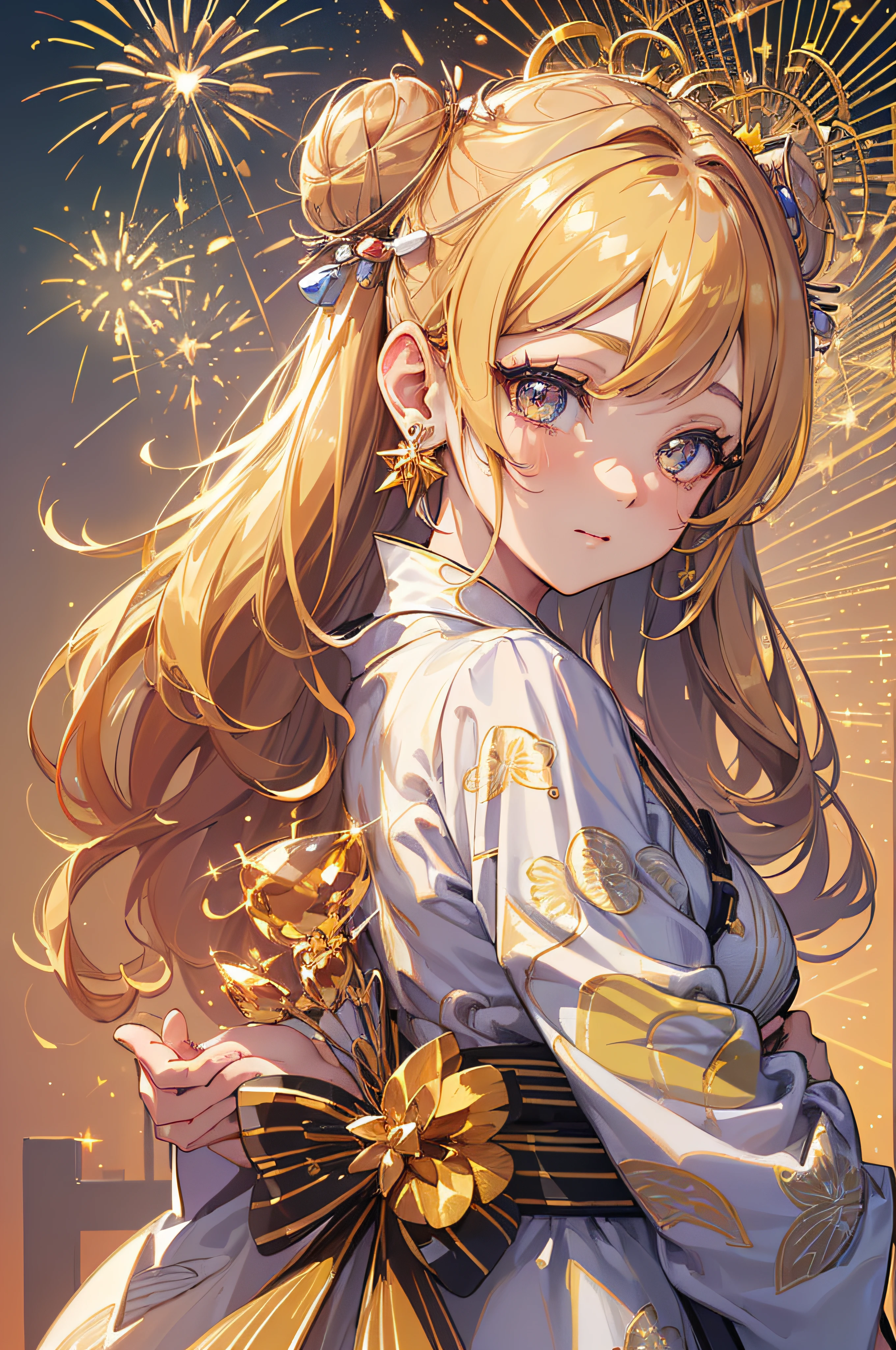 (Best Quality:1.2)4K,8k,8k portrait,16k,(masterpiece:1.2),1girl in,Solo,citrine,(maximalism:1.5),ultra-detailliert,absurderes,(extremely detailed beautiful face and eyes:1.3),
(extremely detailed beautiful hair:1.3),delicate composition, (cowboy shot:1.5), from behind, looking at viewer,wide shot,
Super cute girl, Long twintails,Double bun,(citrine eyes:1.2),(citrine hair:1.3),(is wearing detailed yukata:1.4),Cheerful,(Jewelry Hair Ornaments:1.3),
(jewelry eyes:1.3),(Eyelashes:1.2),(symbol in eyes:1.3),(hight resolution, Twinkle,Glitter,Lens Flare,light Particle,Shining:1.3),(Lori:1.7),(Cute:1.7),(fireworks:1.4),