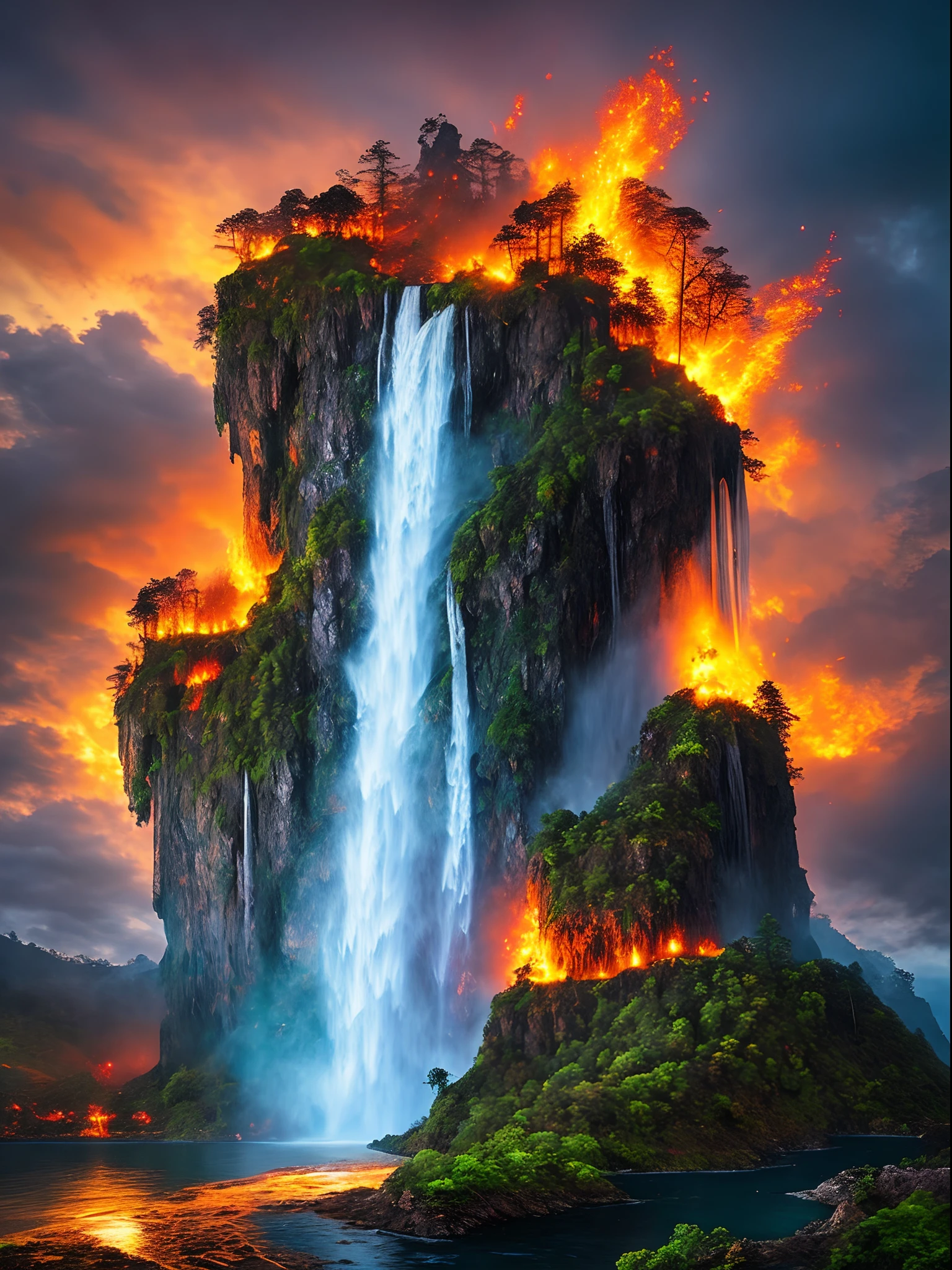 Masterpiece A beautiful giant castle with huge, detailed towers in a dark realm with lava everywhere and dragons with scales, olhos vermelhos e fogo cuspindo no ar tudo muito detalhado, This kingdom must have a waterfall coming out from under it some giant trees around this waterfall, There must be a magical giant entrance next to this waterfall, intrincado, master part, especialista, insanamente detalhado, 4k, compositing, enquadramento, Centrado, simetria, Pintado, intrincado, volumeric lighting, Beautiful, Cores profundas ricas, foco nítido, obra-prima ultra-detalhada no estilo de Dan Mumford e Marc Simonetti, astrofotografia(Ultra HD |)
