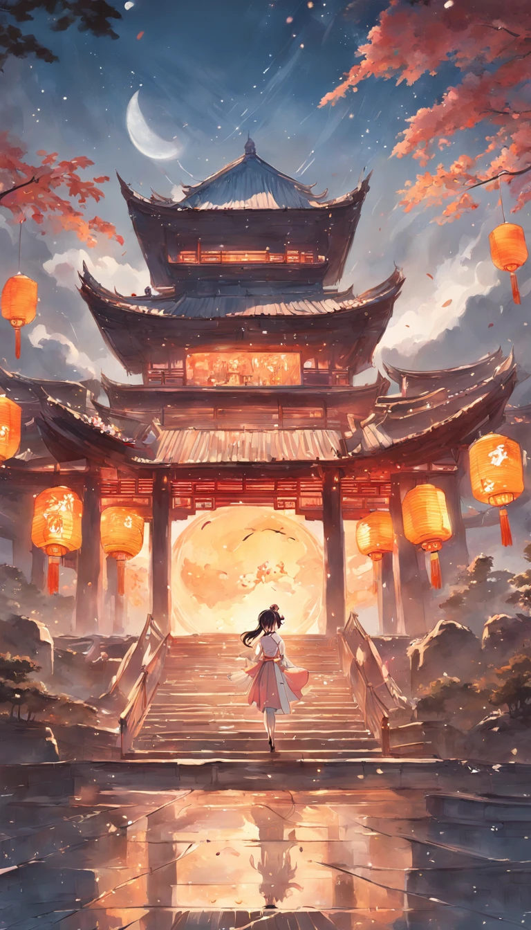 Mid-Autumn Festival，court，Chang'e，Chinese painting style，classical，Clear lines，Neutral colors，The scene is magnificent，The building pavilion is clearly visible，The moon is round