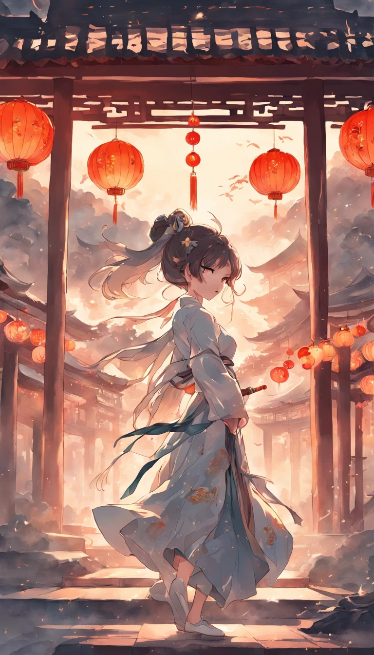 Mid-Autumn Festival,court,Chang'e,Chinese painting style,classical,Clear lines,Neutral colors,The scene is magnificent,The building pavilion is clearly visible,The moon is round