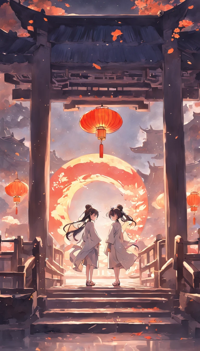 Mid-Autumn Festival,court,Chang'e,Chinese painting style,classical,Clear lines,Neutral colors,The scene is magnificent,The building pavilion is clearly visible,The moon is round