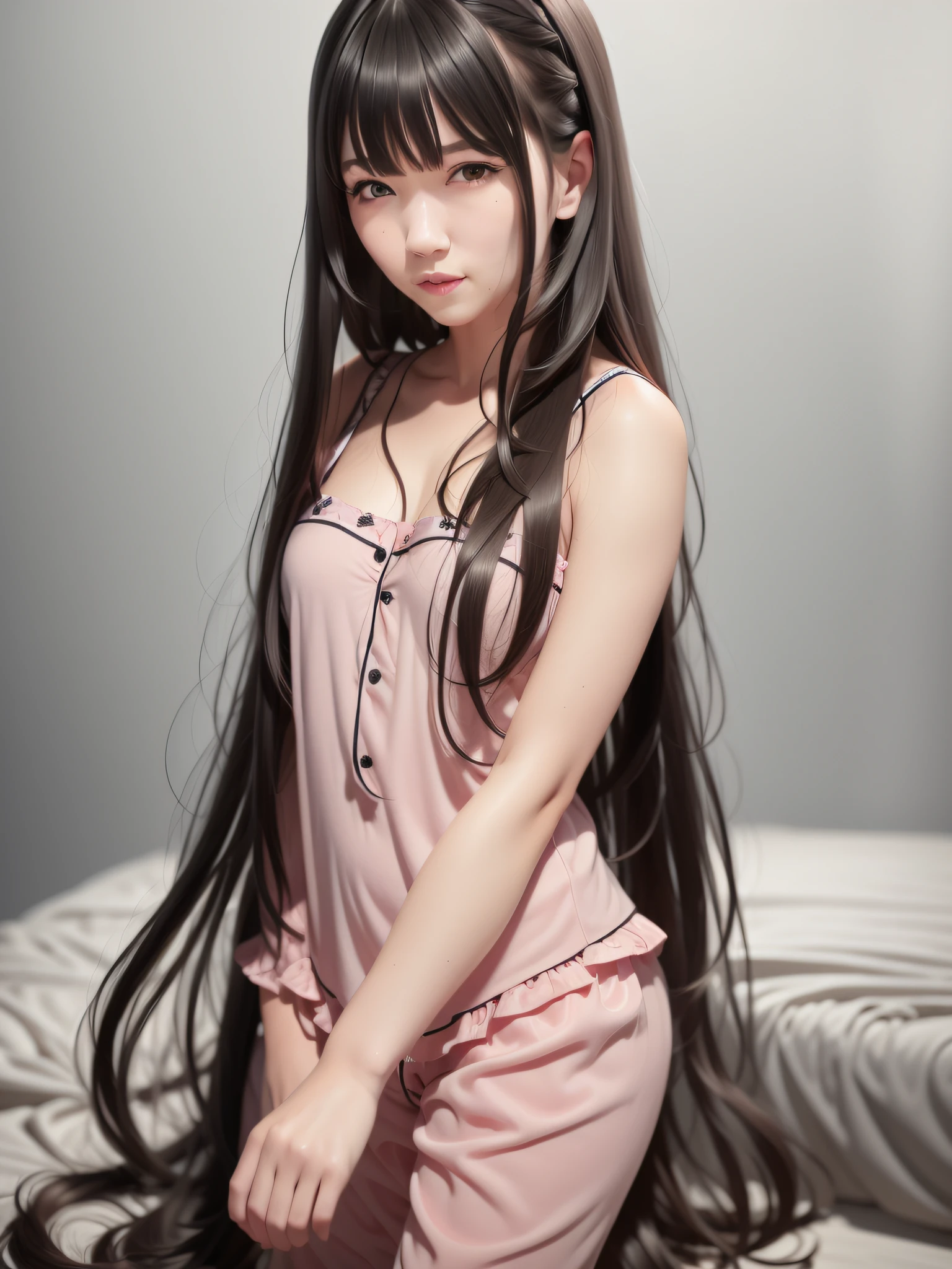 (realistic:1.4), best quality, ultra high res, 
4k, instagram,
higly detailed, 
1 girl,
(pajama:1.4), 
long hair, bangs,
black hair, black eyes, 
at the bed,
smile,