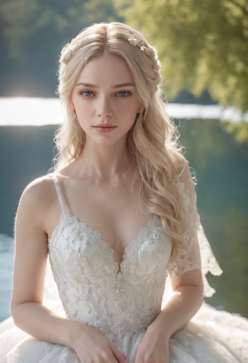 1 beautiful girl, (Realistic:1.3) (full body:1.3), standing photo, stand in front a blue lake, white wedding dress, soft dress, blond hair, blue eyes, wavy hair, masterpiece, diffuse soft lighting, portrait, best quality (perfect face:1.4), ultra-realistic highly detailed intricate realistic simulation style photo, cinematic lighting, studio shot, elegant pose