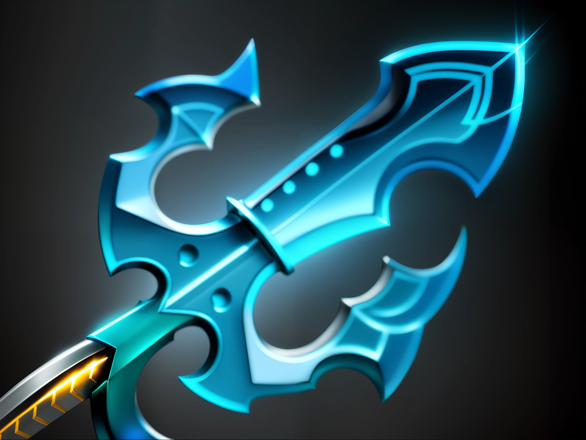 Trident close-up,Sharp metal trident,Light blue sharp blade,The surface of the blade has a blue glow,Brass grip