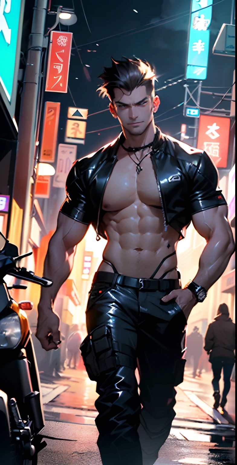 muscular man,(((1man))),((anime man muscular walking down the street)),
(((1male,man,handsome man,male,male gender,male focus))),
((short white hair)),(((lustrous skin:1.5,tanned skin,bright skin: 1.5,skin tanned,shiny skin,very shiny skin,shiny body))),((detailed eyes,perfect eyes,rainbow glows ultra-detailed orange brown eyes:1.1,gradient eyes:1,finely detailed beautiful eyes:1,symmetrical eyes:1,big highlight on eyes:1.2,exaggerated muscles,exaggerated shoulders,very muscular and huge)),man chest,handsome face,((((muscular,hairy body,muscular man,tall,big biceps,abs,big thighs,broad shoulders,open chest)))),((hand consists of a short thumb and four fingers,a hand with only five fingers,(detailed face))),(((square jaw))),
alluring look,nsfw,
(((bare chest,shirtless))),motorcyclist pants,((bulge in pants)),((motorcyclist outfit)),(wearing a motorcyclist outfit:1.3,motorcyclist clothes),(detailed outfit,detailed clothes),
(dynamic pose:1.0),solo focus,((evil smile,evil look)),centered,scale to fit dimensions,Rule of thirds,
outdoors,((night view)),(very pretty city neon synthwave,cyberpunk night street Background:1.5,dark sky,thick clouds),future vehicles,((neon lights)),thick clouds,(cyberpunk style,neon lights, (synthwave theme background), lonely street),(((detailed background:1.25))),
(best quality),(high resolution),(sharp focus),(ultra detailed),(extremely detailed),(extremely high quality artwork),8k_wallpaper,(extremely detailed CG 8k),(very fine 8K CG),((hyper super ultra detailed perfect piece)),flawless,(((masterpiece))),illustration,vibrant colors,(intricate),High contrast,Selective lighting,Double exposure,HDR (High Dynamic Range),Post-processing,Background blur,