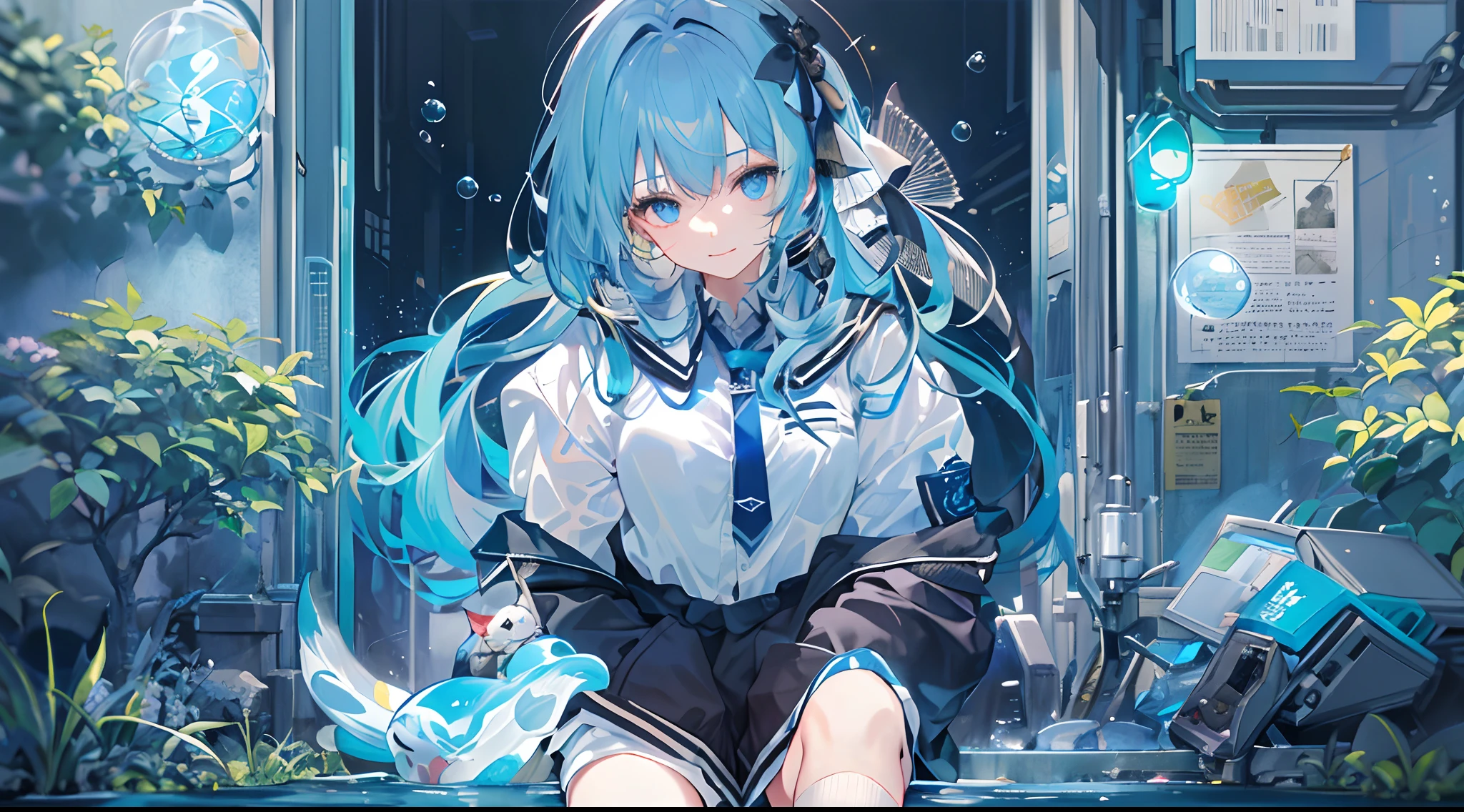 ((top-quality)), ((​masterpiece)), ((ultra-detailliert)), (extremely delicate and beautiful), girl with, 独奏, cold attitude,((Black jacket)),She is very(relax)with  the(Settled down)Looks,A dark-haired, depth of fields,evil smile,Bubble, under the water, Air bubble,bright light blue eyes,Inner color with light blue hair and dark blue tips,Cold background,Bob Hair - Linear Art, shortpants、knee high socks、White uniform like school uniform、Light blue ribbon ties、Clothes are sheer、Hands in pockets