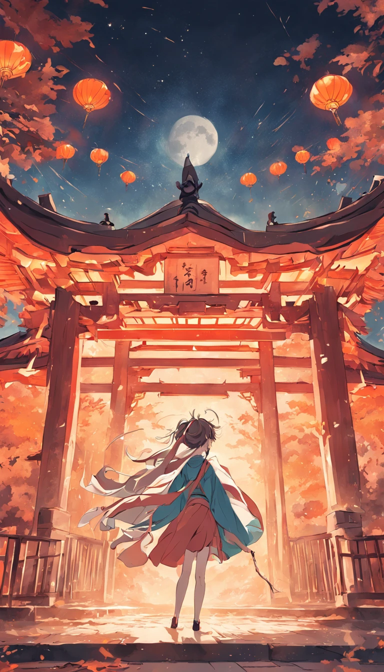 Mid-Autumn Illustration，Guochao style，The Flying Fairy，Court pavilions，Clear lines，Warm colors，The moon is high，Screen classics