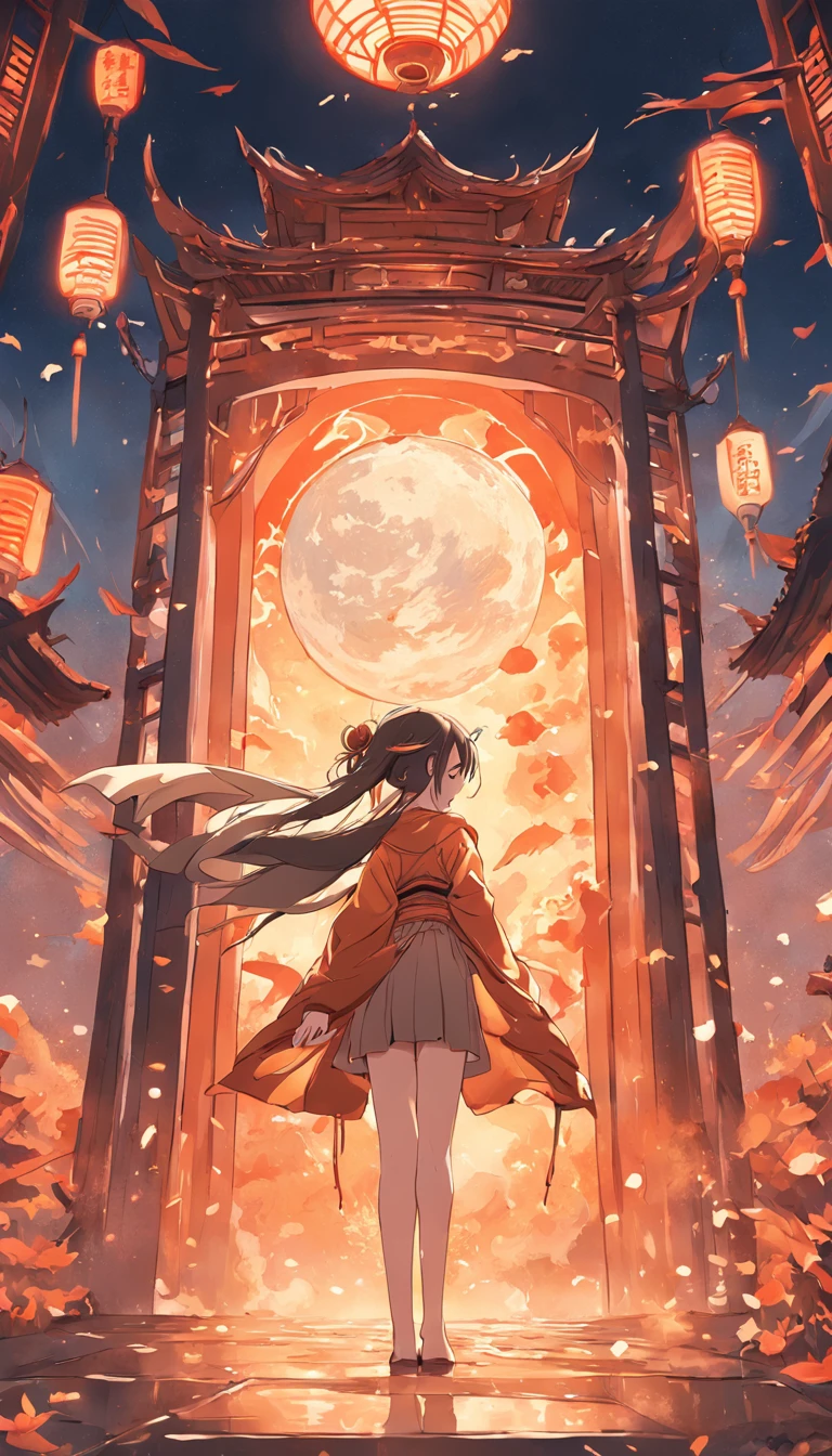 Mid-Autumn Illustration,Guochao style,The Flying Fairy,Court pavilions,Clear lines,Warm colors,The moon is high,Screen classics