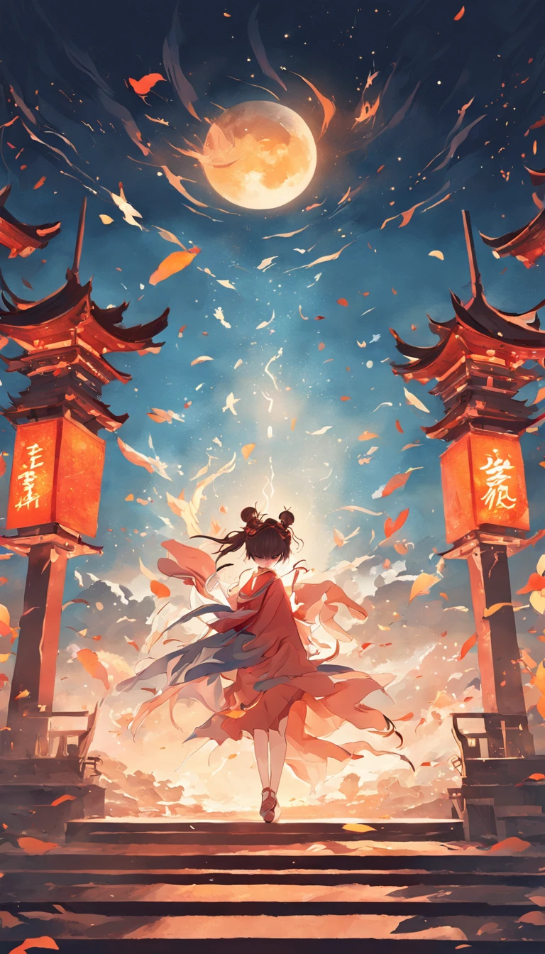 Mid-Autumn Illustration，Guochao style，The Flying Fairy，Court pavilions，Clear lines，Warm colors，The moon is high，Screen classics