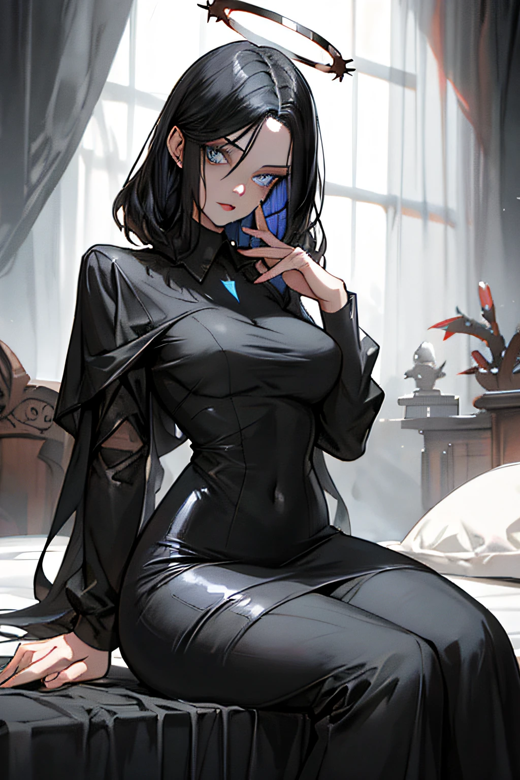 (masterpiece, best quality), 1lady, solo, (gothic), halo, vampire, short black hair, loose waves, blue eyes, ,cute, (hg giger, art by hermann nitsch, zdzislaw beksinski, dariusz zawadzki, giger, Zdzislaw Beksinski), skinny body, black shirt, night, bedroom, night