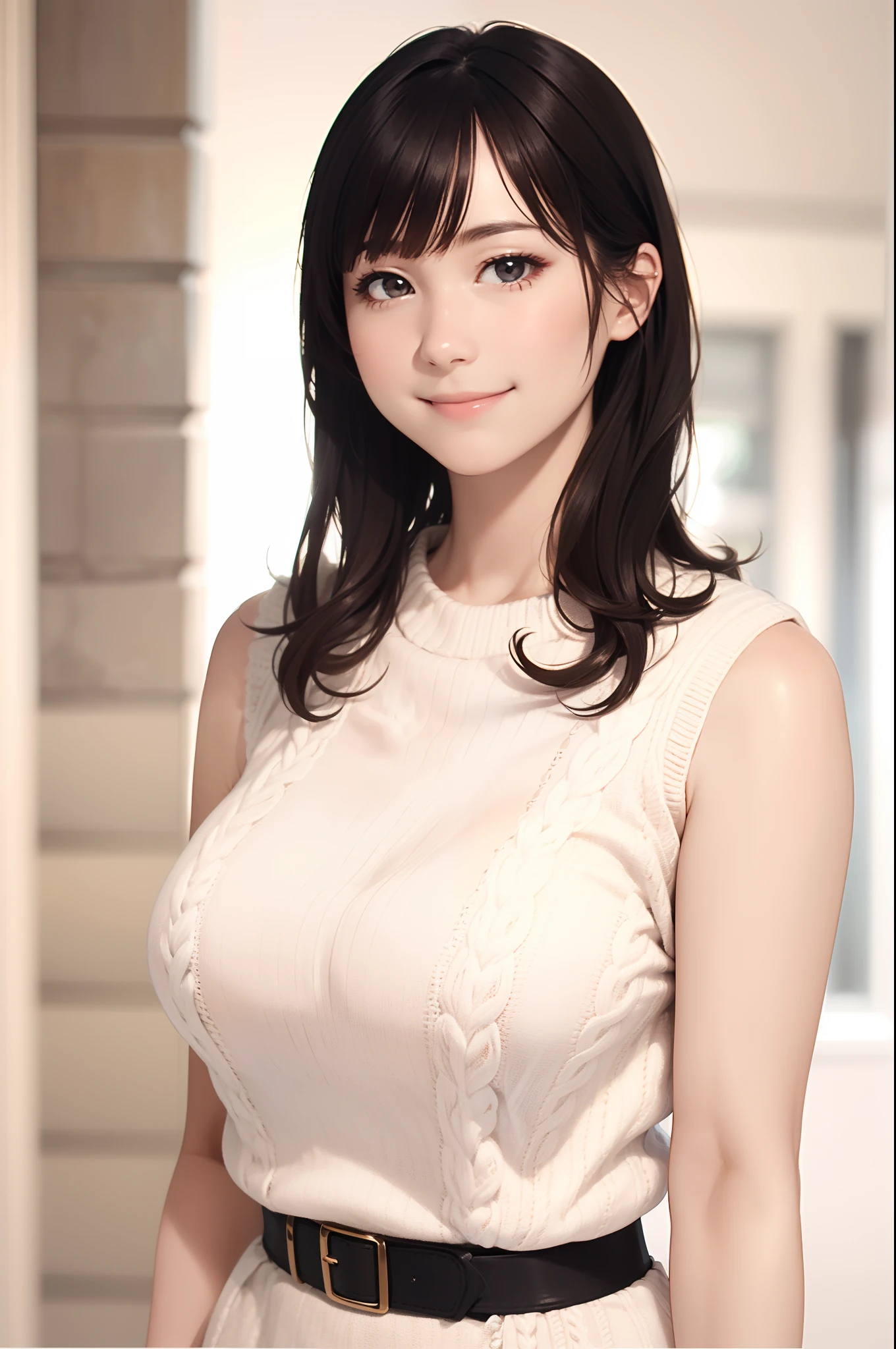 (absurderes), hight resolution, ultra-detailliert, Beautiful face, Big breasts, Huge breasts, Wearing a white knitted dress, (Sleeveless), Smile Face, Staring at me