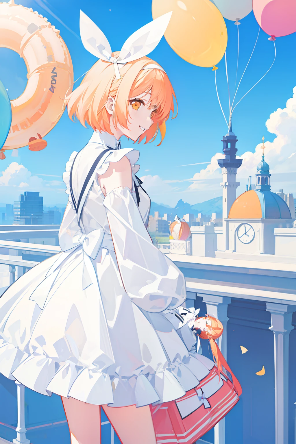 masterpiece, best quality, 1girl, solo, orange hair, short hair, shoulder-length hair, straight hair, orange eyes, round eyes,, (((alice in wonderland dress))), ((long sleeves)), knee-length dress, frills, (((white ribbon hair band))), On the roof of a building, leaning against the fence on the roof, overlooking the road, as close as it might fall in the noon, blue sky, clear sky, very many balloons, colorful balloons, full of balloons in the air, laughing, seeing a viewer