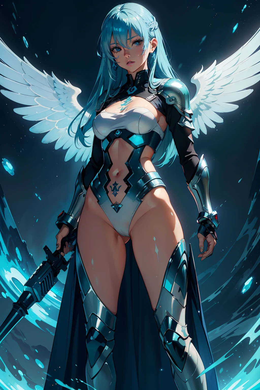 Ultra-high definition, close-up (1 woman), light blue hair, 2D animation style, soft and delicate depiction, full-body tattoos (full-body art), beautiful blue-haired angel, royal guard armor, futuristic design, standing, wet and shiny