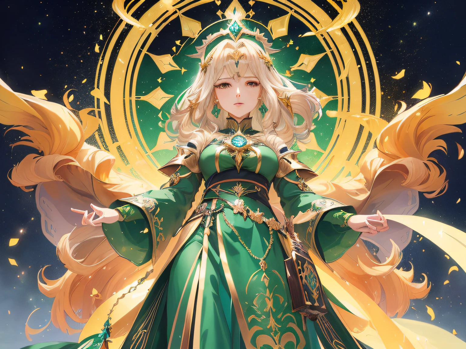 Anime - style image of a woman in a green dress with a golden halo, cushart krenz arte chave feminina, deusa anime, arte oficial altamente detalhada, Mago Celestial Lindo, portrait knights of zodiac girl, uma bela imperatriz fantasia, Keqing de Genshin Impact, anime fantasy illustration, arte chave detalhada do anime, ((uma bela imperatriz fantasia))