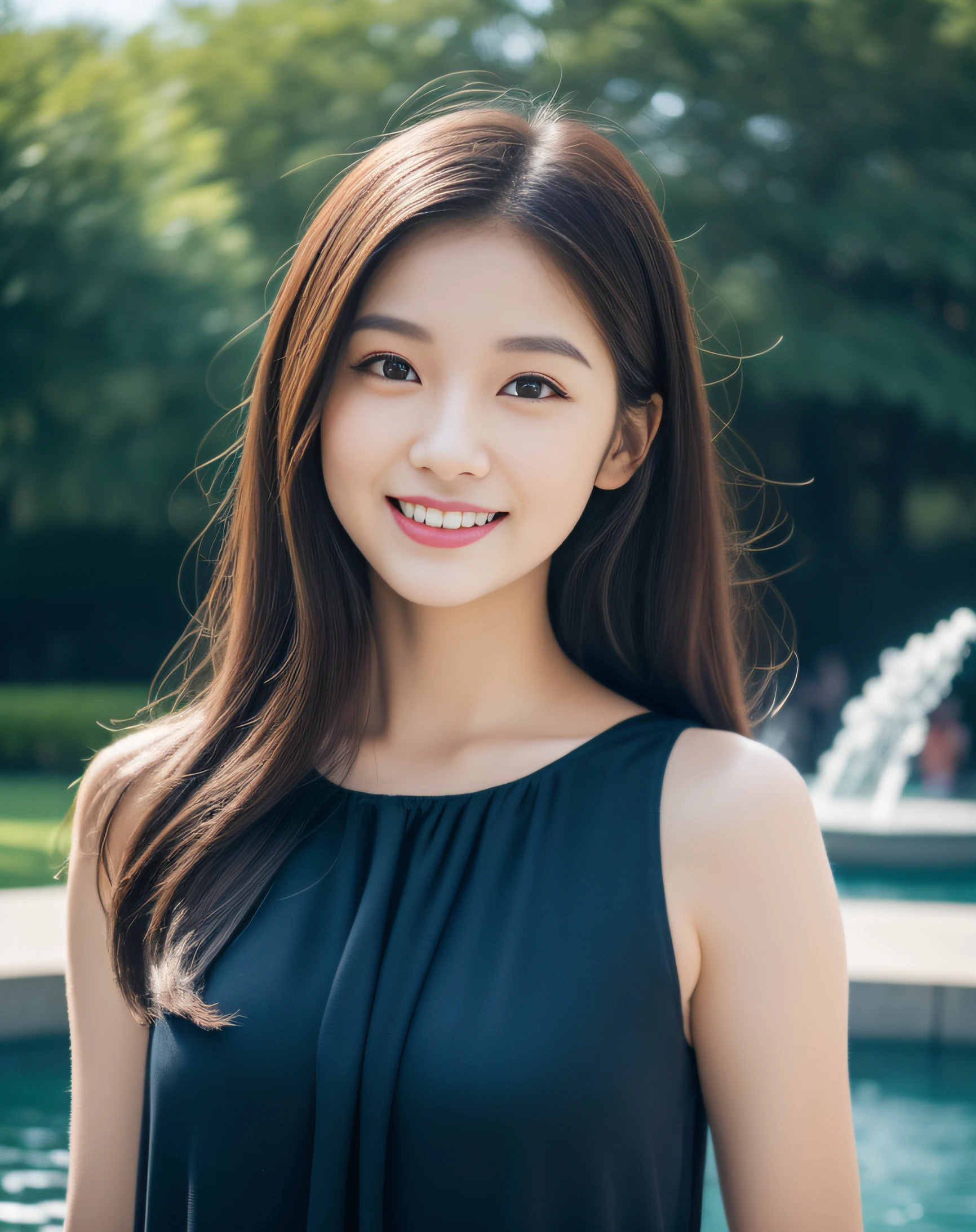 ((best quality, 8K, masterpiece: 1.3)), beautiful girl, pure, melon face, kind and cute, sweet smile, pure desire, slender body, (front), (tilted head), ((looking at camera) ), wearing a navy blue dress, black silky midium hair, long flowing shoulders, round black big eyes, clear big eyes, moist red lips, sweet, standing on front of the fountain, park background , ((((whole body)))),
