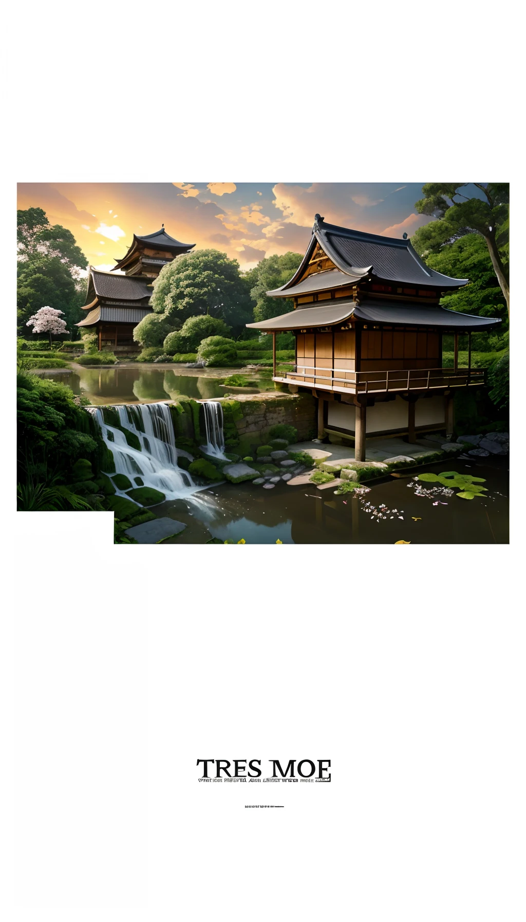 Huge tree，florals，rios，Huge watermill , [(White background:1.5)::5], Medium Shot Shot, butterflys,Petals floating in water,steins,Cloud,setting sun,Dusk,House under the tree，Japanese-style architecture