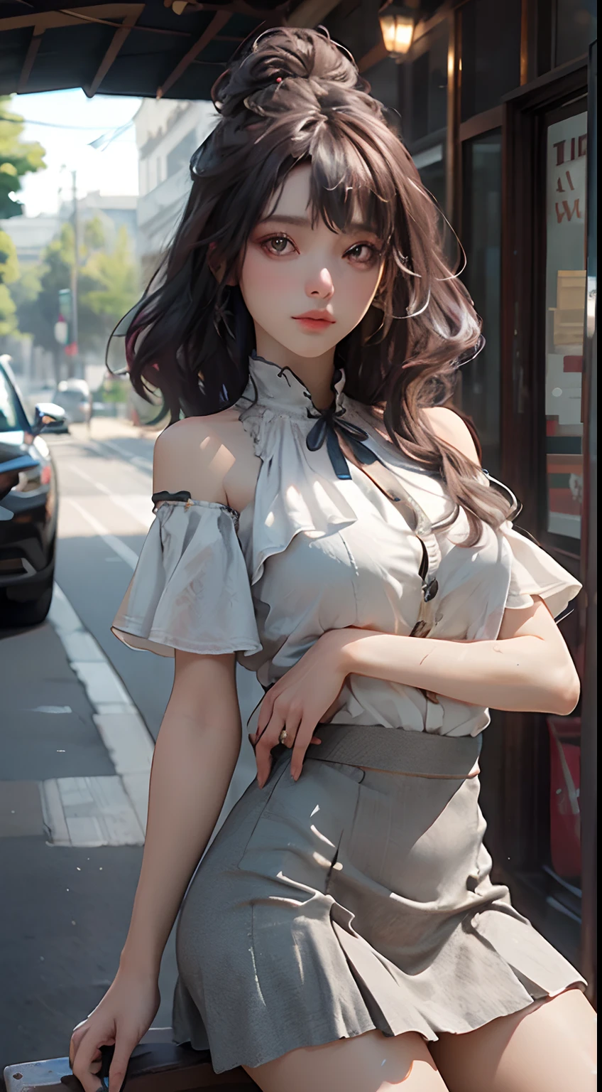 a beauty girl、A detailed face、Russian、A sexy、silber hair、curly silver hair、off shoulders、frilled blouse、a miniskirt、a beauty girl、A detailed face、Russian、A sexy、Arabian、Well-formed face、gal make、beautiful countenance、Day Park、Street Trees、simple background、((top-quality)), ((​masterpiece)), (detaileds:1.4),.。.。.。.。.。.。.。.。.。.3D, Beautiful woman image,nffsw(HighDynamicRange),Ray traching,NVIDIA RTX,Hyper-Resolution,Unreal 5,Sub-surface scattering,PBR Texturing,Postprocess,Anisotropy Filtering,depth of fields,,multi-layer texture,Albedo and specular maps,Surface Shading,Accurate simulation of light-material interactions,perfectly proportions,Octane Rendering,Two-tone lighting,Wide aperture,Low ISO、White Balance、thirds rule、8K Raw、Maximum clarity and sharpness