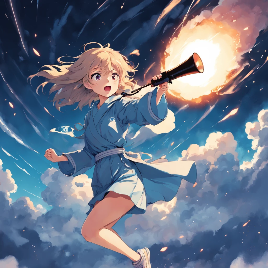 a poster,There was a man running with a megaphone, cover illustration, Simple and clean illustration,tmasterpiece,best qualtiy,cinematic Film still from,1girl,Cloud Girl,Floating in the sky,closeup cleavage,brightly,cheerfulness,Warm and soft lighting,the sunset,(spark of light:0.7)