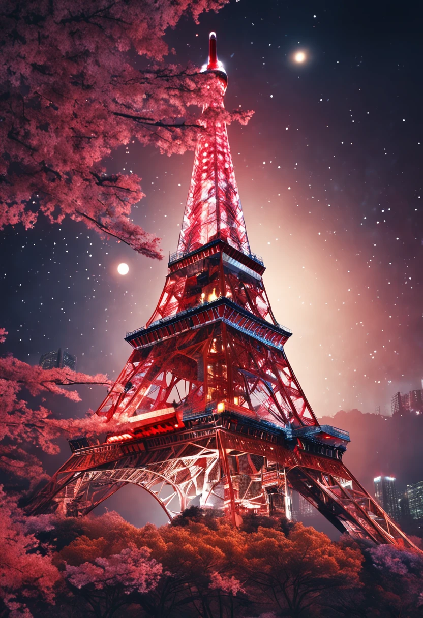 ((Tokyo Tower)) Looking up from directly below, cinematic lightening, ((Night with moonlight and stars)), Low Key, top-quality, Hyper-Resolution, Hyper-Realism, sharpness