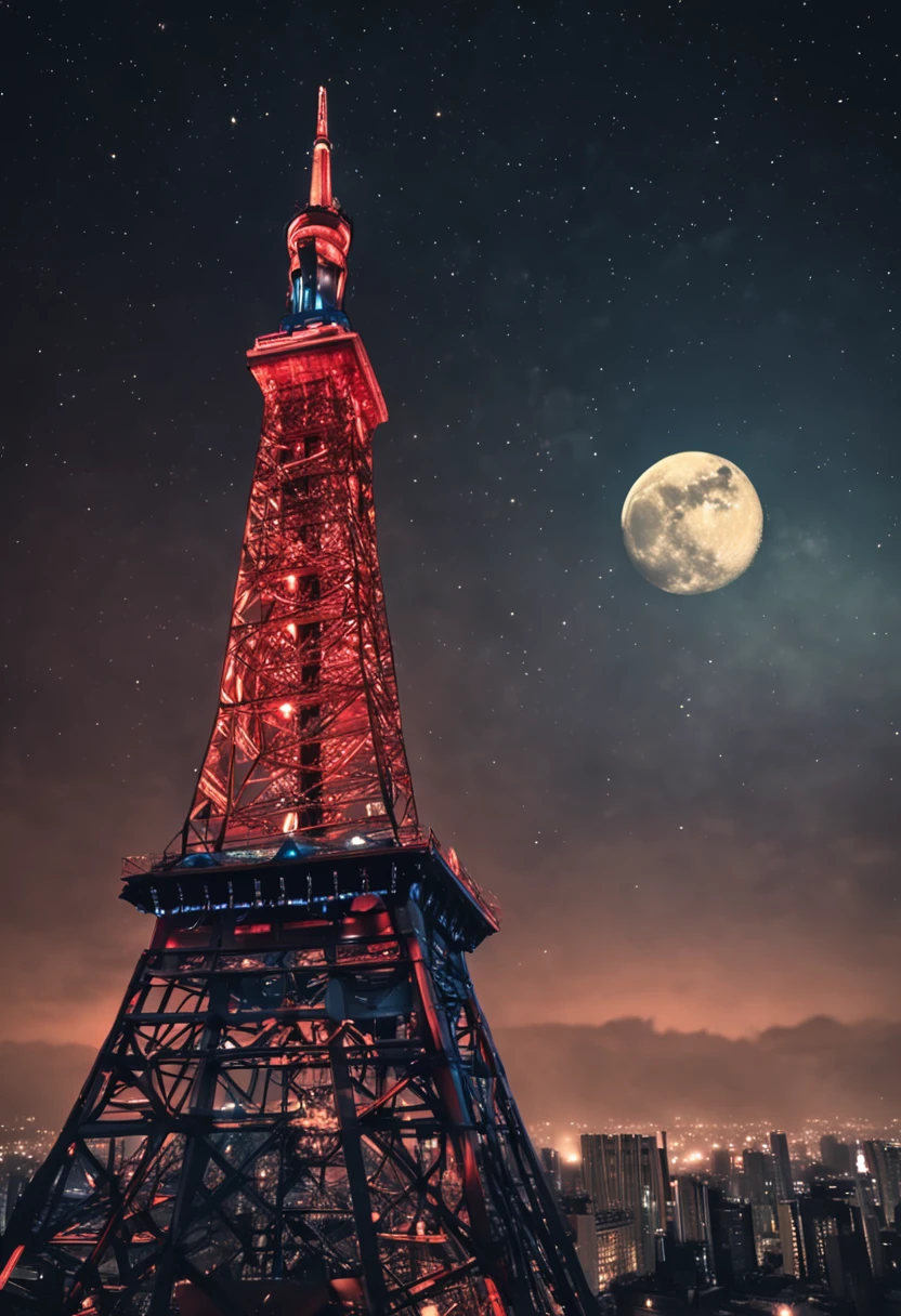 ((Tokyo Tower)) Looking up from directly below, cinematic lightening, ((Night with moonlight and stars)), Low Key, top-quality, Hyper-Resolution, Hyper-Realism, sharpness