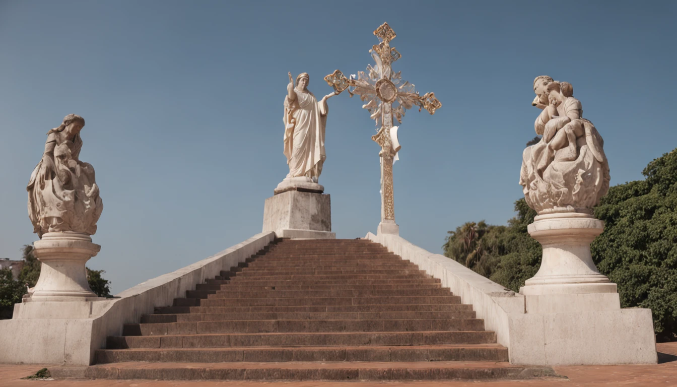 A ladder that ascends to the heavens, culminando no trono glorioso de Deus. The scene emanates a sense of adoration and devotion, symbolizing the path to spiritual enlightenment. A escadaria brilha com a luz divina, casting a warm and inviting glow