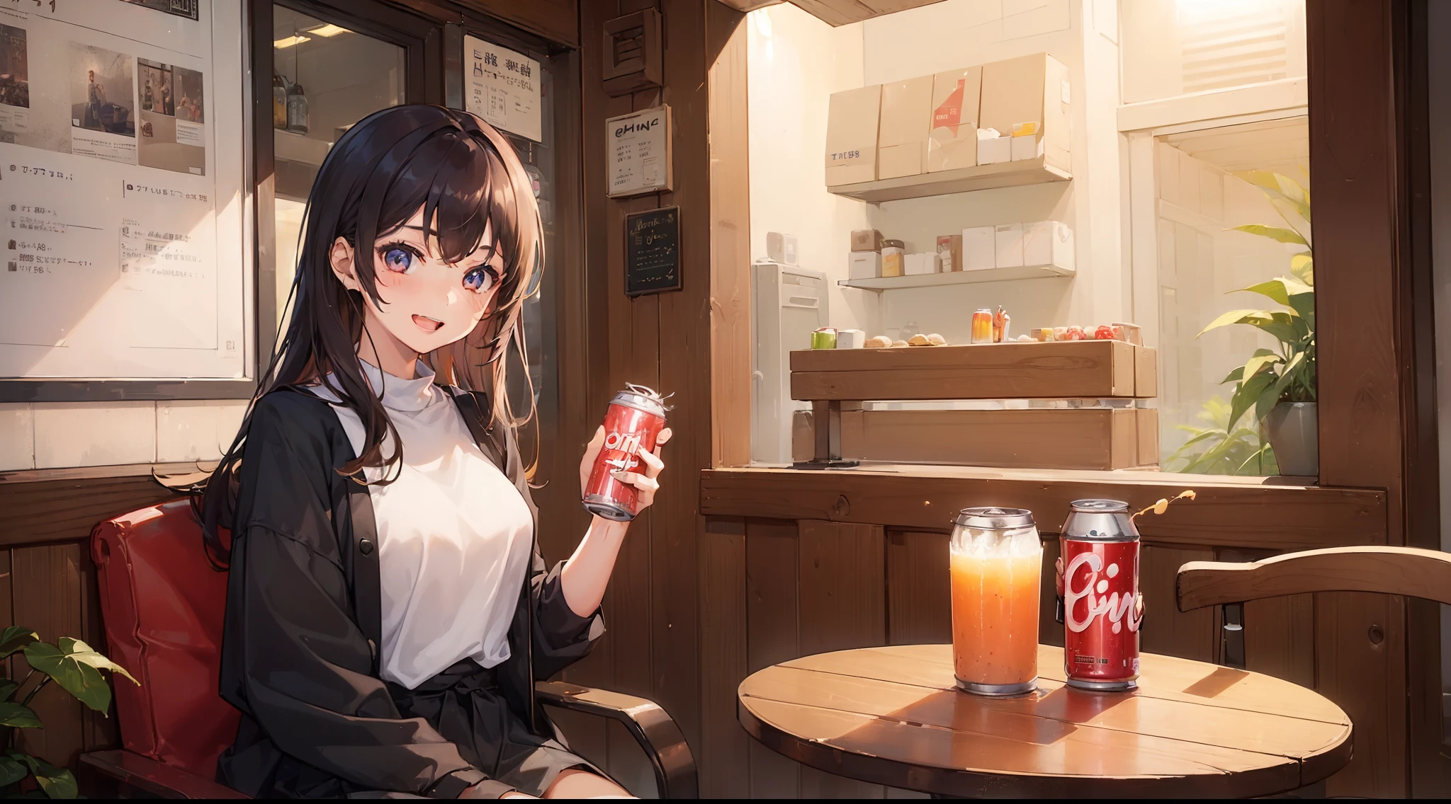 lookin at viewer,upper Body, Realistic, real person, (pale skin: 1.2), RAW photo, photorealistic, shiny skin, shiny hair、 (A 25-year-old woman with bob hair and bangs) and (wavy hair) and (brown hair) and (Orange Eyes)、(business suit:1.5)and (Wearing a white collared shirt)、 blush,smile,The background is the interior of an izakaya at night.、Sitting,Drinking beer