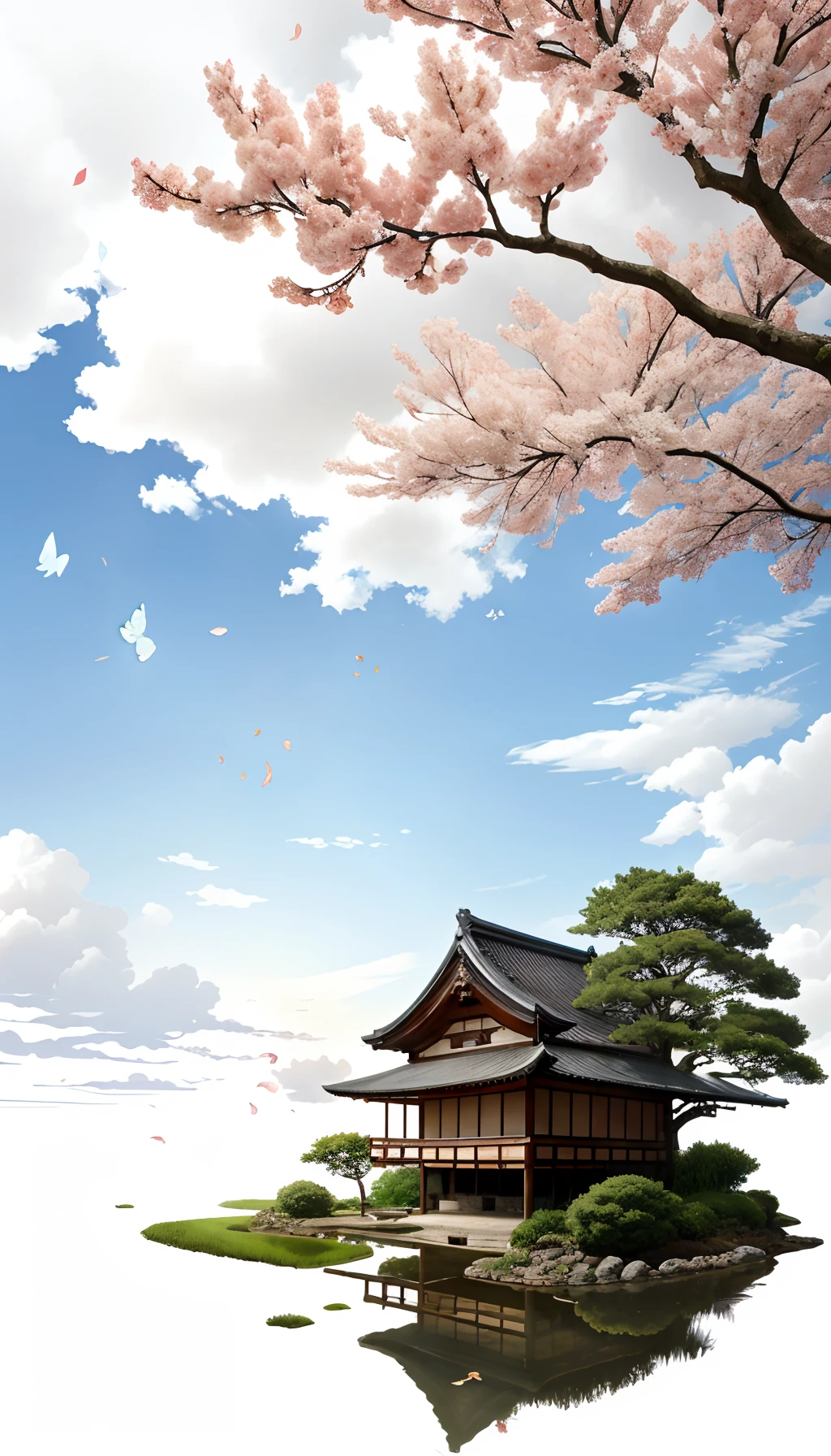 Huge tree，florals，rios，Huge watermill , [(White background:1.5)::5], Medium Shot Shot, butterflys,Petals floating in water,steins,Cloud,setting sun,Dusk,House under the tree，Japanese-style architecture