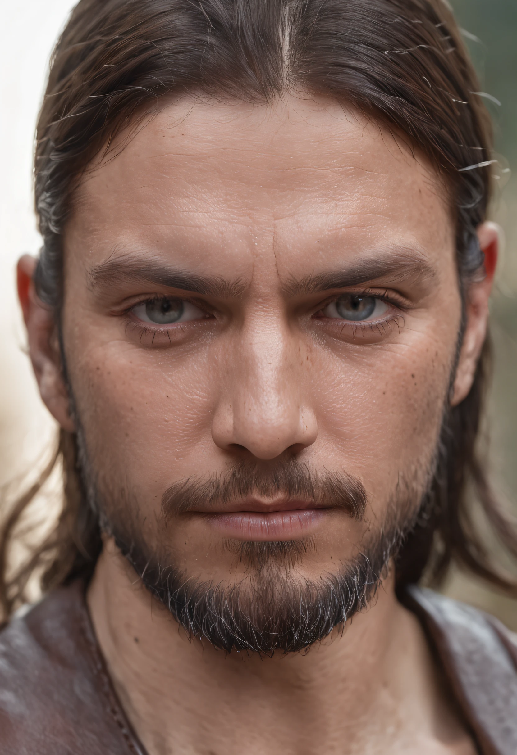 of a real,Facial features are carefully depicted,Realistic skin texture,中景 the scene is,Thick barbarian bearded uncle,(male people:1.4),(There is a scar on the face:1.5),Open-mouthed,closeup cleavage,head portrait,Pout,Blue eyes,Short-cut hair of maroon color,Dark style,depth of fields,dynamic blur,high light,Real light,Ray traching,oc rendered,Hyper-realistic,best qualtiy,8K,Works of masters,super-fine,Detailed pubic hair,Correct anatomy,sharp focus on eyes,Bokeh,Facial features are carefully depicted