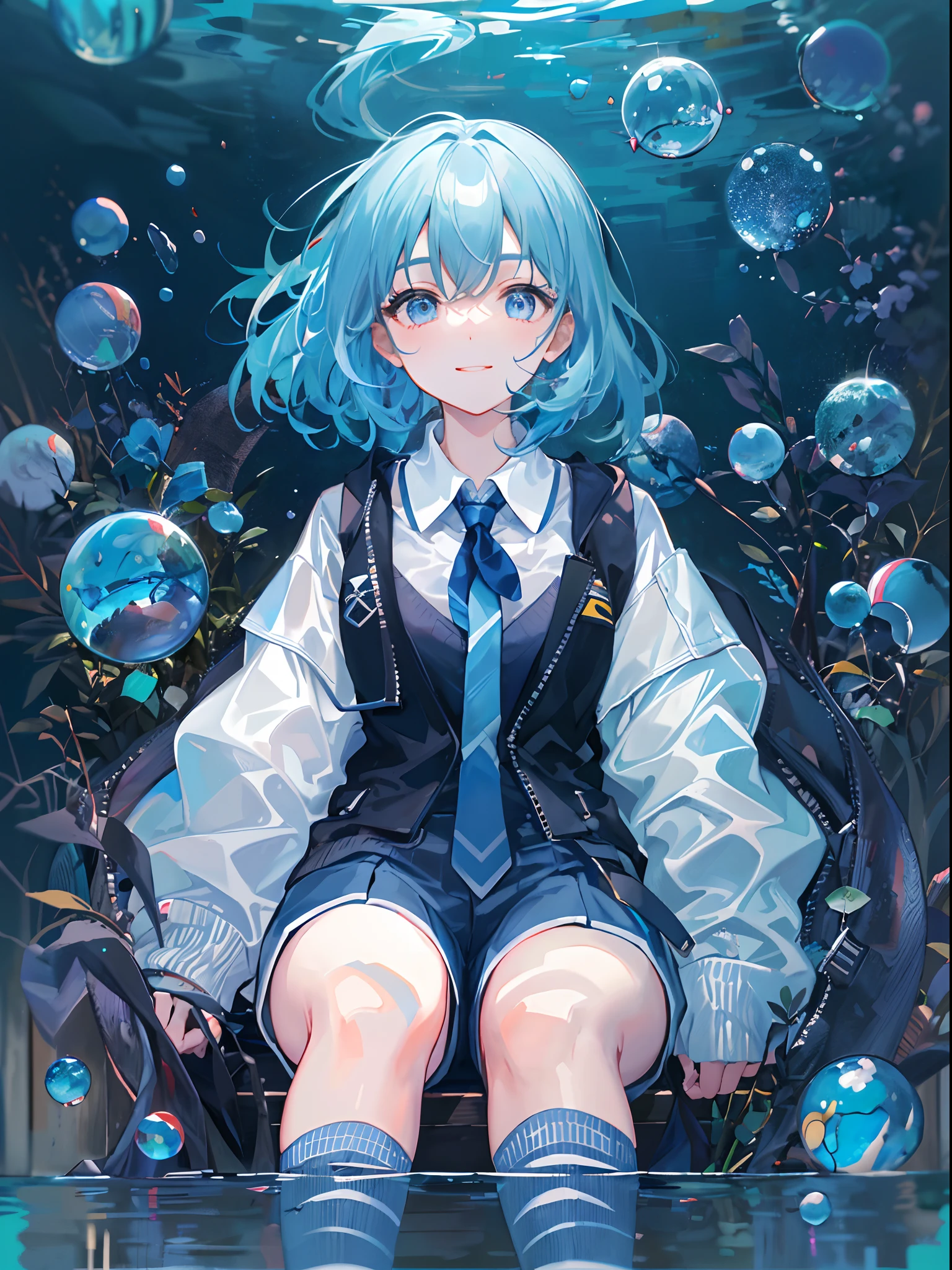 ((top-quality)), ((masterpiece)), ((ultra-detailliert)), (extremely delicate and beautiful), girl with, 独奏, cold attitude,((Black jacket)),She is very(relax)with the(Settled down)Looks,A dark-haired, depth of fields,evil smile,Bubble, under the water, Air bubble,bright light blue eyes,Inner color with light blue hair and dark blue tips,Cold background,Bob Hair - Linear Art, shortpants、knee high socks、White uniform like school uniform、Light blue ribbon ties、Clothes are sheer、Hands in pockets