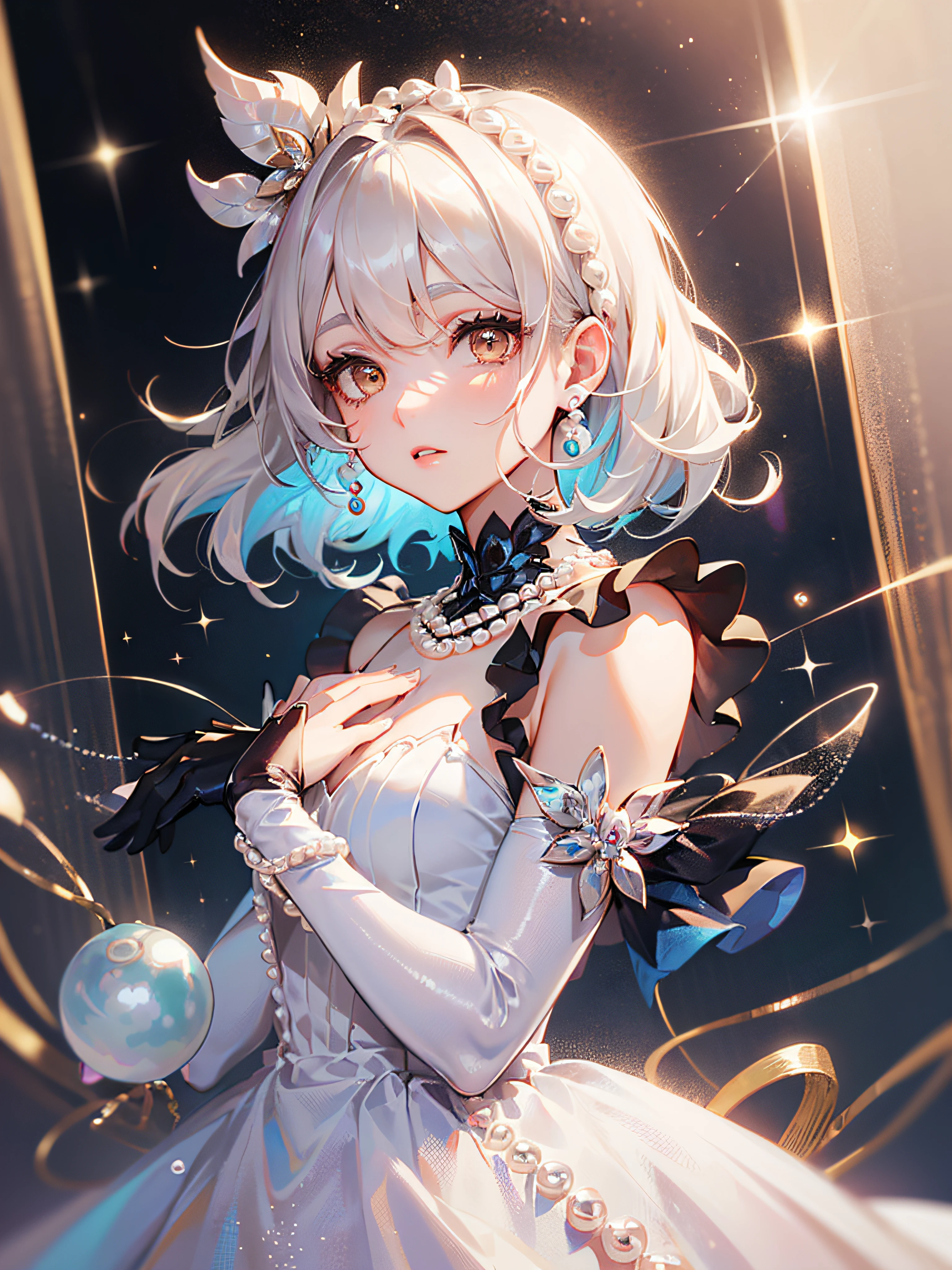 (Best Quality:1.3),4K,8K,8K Portrait,16K,(masterpiece:1.2),1girl in,Solo,(maximalism:1.5),pearls,ultra-detailliert,absurderes, ,(extremely detailed beautiful face and eyes:1.3),
(extremely detailed beautiful hair:1.3),delicate composition, (full body:1.6),cowboy shot,
Super cute girl,(Medium Hair:1.8),(Braids:1.2),(White eyes:1.5),White hair,(is wearing Pearl-color dress:1.6),(Jewelry Hair Ornaments:1.3),
(jewelry eyes:1.3),(Eyelashes:1.2),(symbol in eyes:1.3),(hight resolution, Twinkle,Glitter,Lens Flare,light Particle,Shining:1.3),(Lori:1.5),(cute:1.5),looking at viewer,