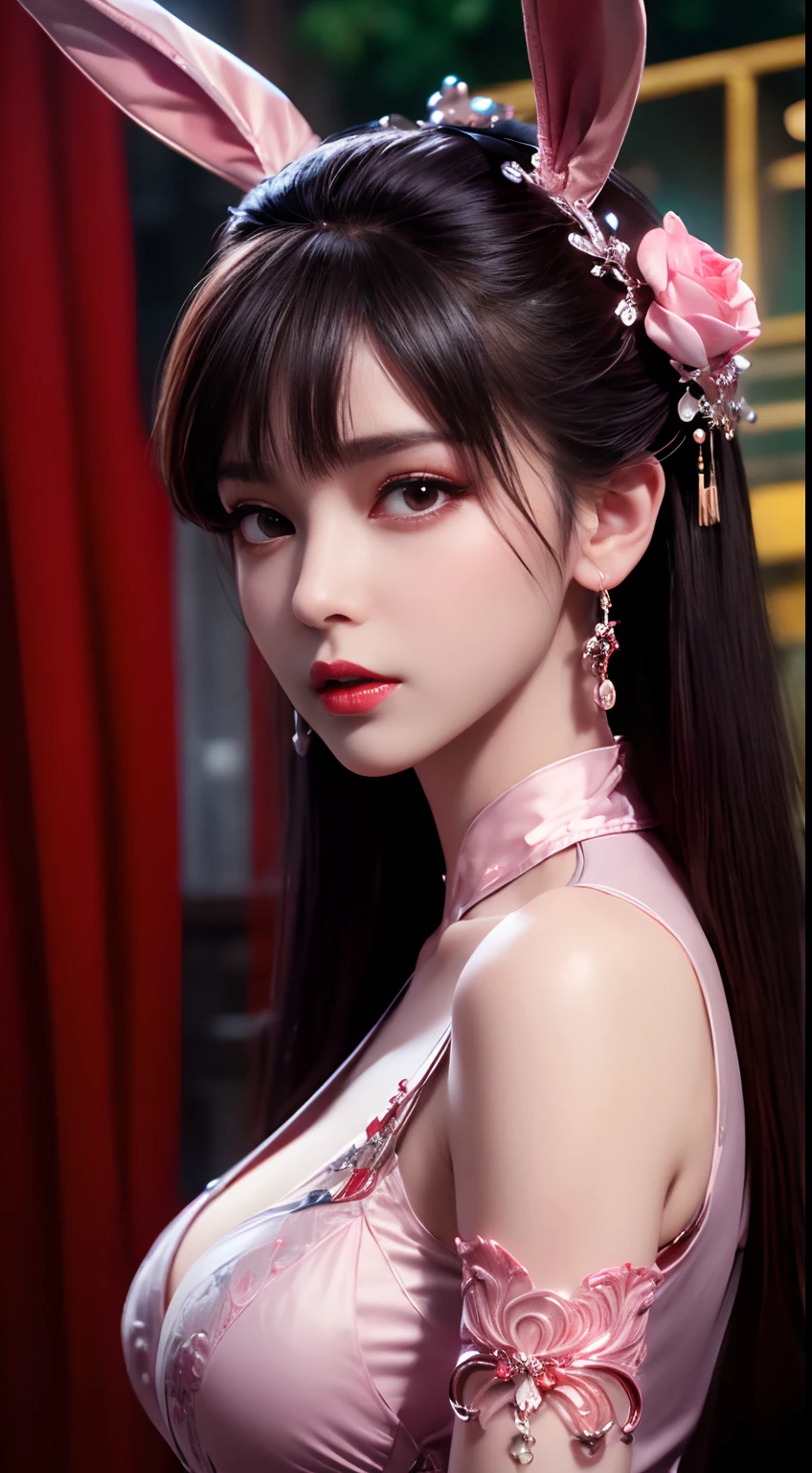 1 beautiful girl in beautiful Hanfu, Thin red silk shirt,With many yellow patterns, Black lace top, Light pink rabbit ears, Long hair dyed lilac platinum, beautiful hair ornaments, Nice face Cute face, Perfect face, Earring jewelry, Antique jewelry, Big red eyes, Sharp eye makeup, Detailed eyelash makeup, Thin eyebrows, High nose, Nice red lips, no smile, pursed lips, rosycheeks, large bust, large bust, well-proportioned bust, huge tit, Looming cleavage, Looming breastes, Slim waist, Red mesh stockings,black border , chinese hanfu style, Transparent Hanfu, Fictional art patterns, vivid and real colors, RAW photo, Real photos are realistic, Ultra high quality 8K surreal photos, Cool photos, (Virtual light effects: 1.8), 10x pixel, Magic effects (Background): 1.8), (hyper detail eyes: 1.8), (Eyelids): Eyes): Red: 1.8), (black eye pupil: 1.8)Beautiful girl portrait, lone girl, ancient hanfu background, head straight-looking at viewer, Wide original image, 8K quality, Super sharp , Most detailed、The sharpest image, Detailed bright background,