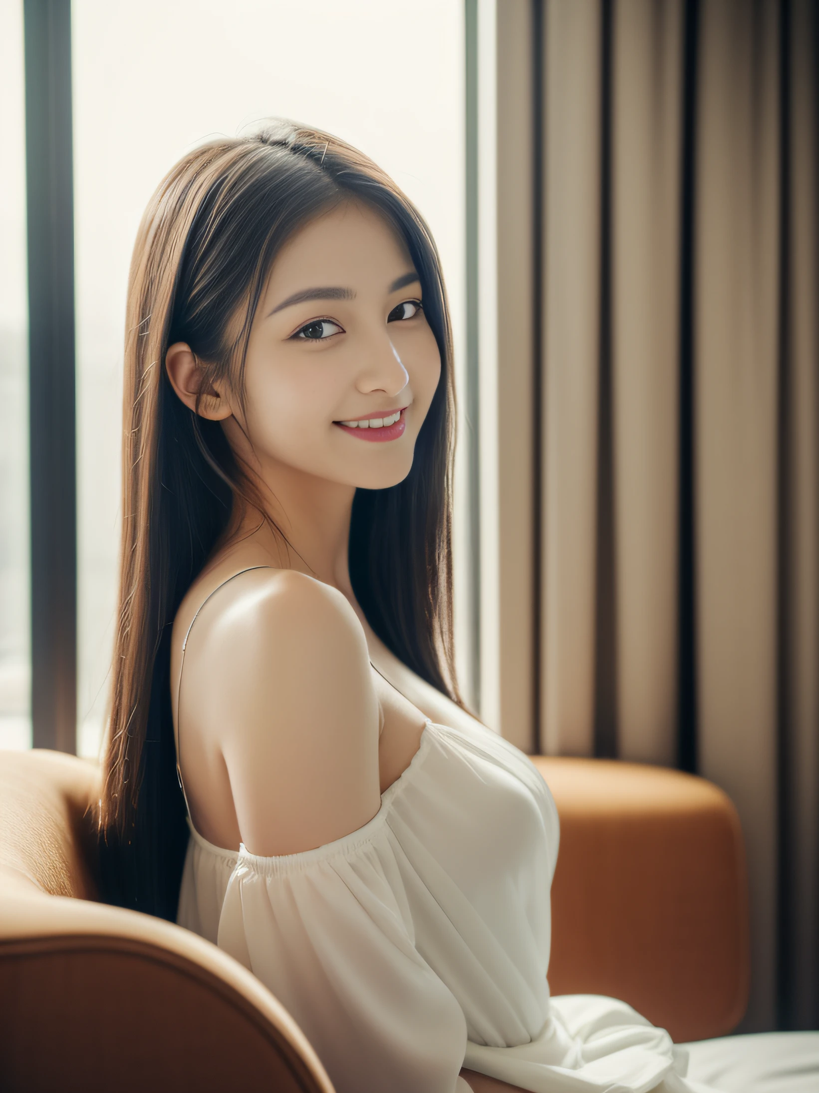 ((best quality, 8K, masterpiece: 1.3)), beautiful girl, pure, melon face, kind and cute, sweet smile, pure desire, slender body, (front), (tilted head), back view, casual suit , long black silky straight hair, long flowing shoulders, round black big eyes, clear big eyes, moist red lips, sweet, sitting in a hotel chair, hotel window sill background, ((whole body )),