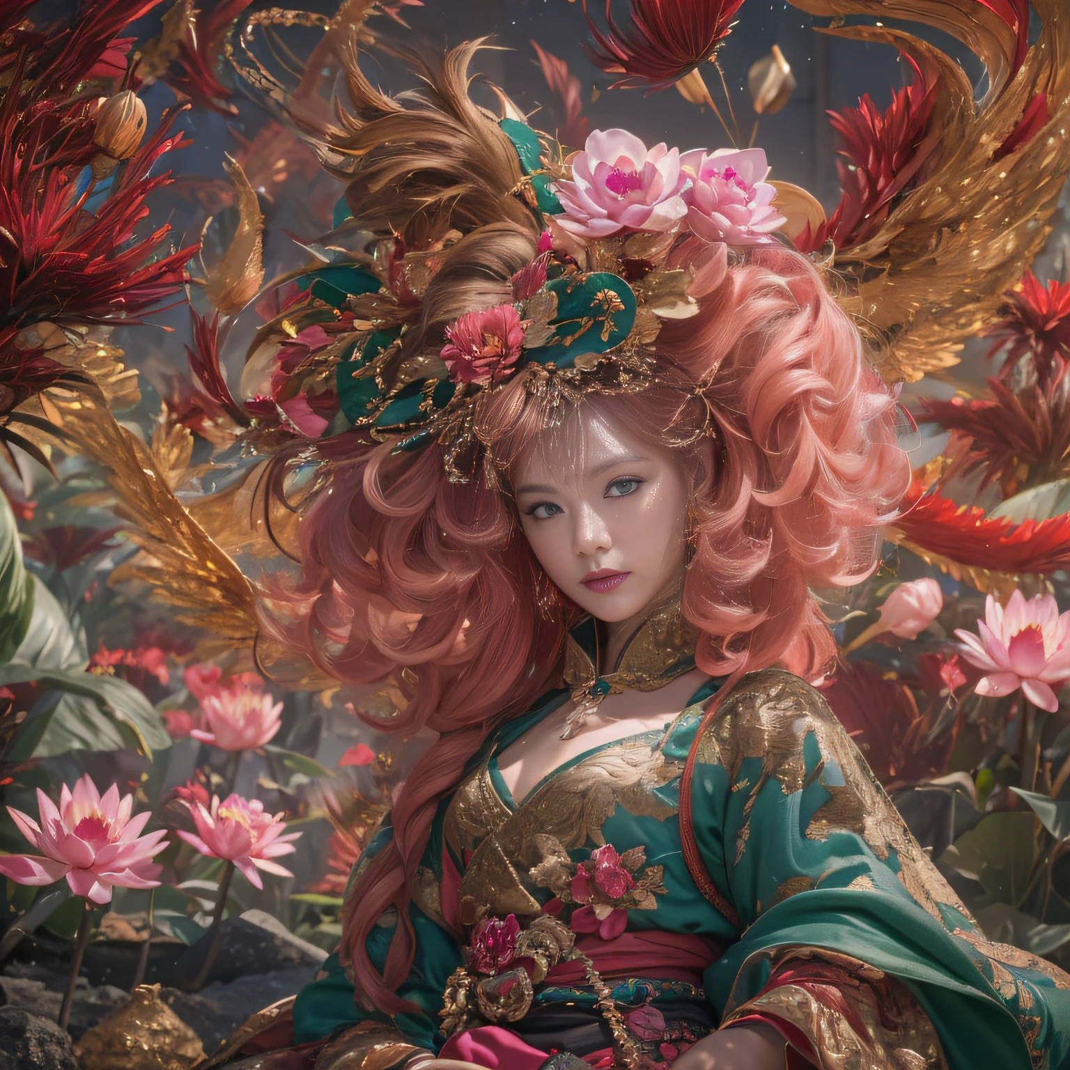 32K(tmasterpiece,k hd,hyper HD,32K)curlies,Flowing rouge,ponds,zydink, a color, Liaoning people (Silly girl), (Silk scarf), Combat posture, looking at the ground, Flowing rouge curls,Green emerald headdress, Chinese long-sleeved pink gold garment, (abstract ink splash:1.2), Pink lotus background,Water lily flower protector(realisticlying:1.4),Rouge hair,Autumn is in full swing,The background is pure, A high resolution, the detail, RAW photogr, Sharp Re, Nikon D850 Film Stock Photo by Jefferies Lee 4 Kodak Portra 400 Camera F1.6 shots, Rich colors, ultra-realistic vivid textures, Dramatic lighting, Unreal Engine Art Station Trend, cinestir 800,Large curls,Flowing rouge