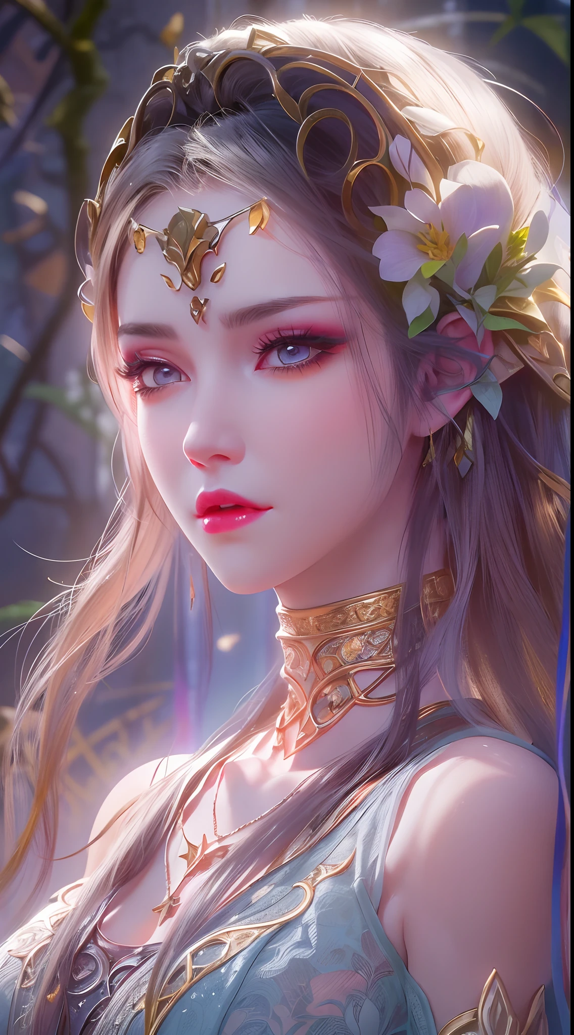 1 20 year old girl, 1 goddess Athena, pink purple silk dress, beautiful goddess Athena face without blemishes, delicate yellow nightgown, long thin sequin nightgown with many sexy black lace details, 1 beautiful thin red silk cloth half veil, female saint legend, female saint icon, beautiful goddess style glitter, dark and mysterious version, vermilion lips, plump red lips, not smiling, mouth closed, delicate and beautiful pino detailing, delicate and beautiful lip detail, (pure and flawless face: 1.9), female saint body, round chest, big and round breasts, phoenix brooch, long flat bangs, long black hair, flower stickers tattoo on forehead, beautiful clear face and well-proportioned eyes, (transparent iridescent light purple eyes: 1.8), (big round eyes and makeup, sexy wet eye makeup, very beautiful and meticulous hair makeup, long and delicate blonde hair, delicate, body image: 1.8), figure: and vivid, (stars that make up the sky: 1.7), (the sky of heaven and the fictitious gate of time and space: 1.8), fictional art, RAW photos, hanfu photos, best photos, high resolution, best quality, best photos, best goddess quality, 8k female, super 8 single saint portraits, truest color schemes, masterpieces, best beauty brands, best hair jewelry, brand real photo, dark studio, border light, two-tone lighting, (rose white skin: 1.4), (high skin detail: 1.1), 8k uhd, d slr, soft light, 8k, high quality, candid, volume Smooth and sharp, 10x pixel increase, sexy goddess, sexy goddess, (background space: 1.8), (most beautiful aurora eyes: 1.7), beautiful eyes, aurora beautiful and flowery, (beautiful single girl: 1.8), (more details:0.8),