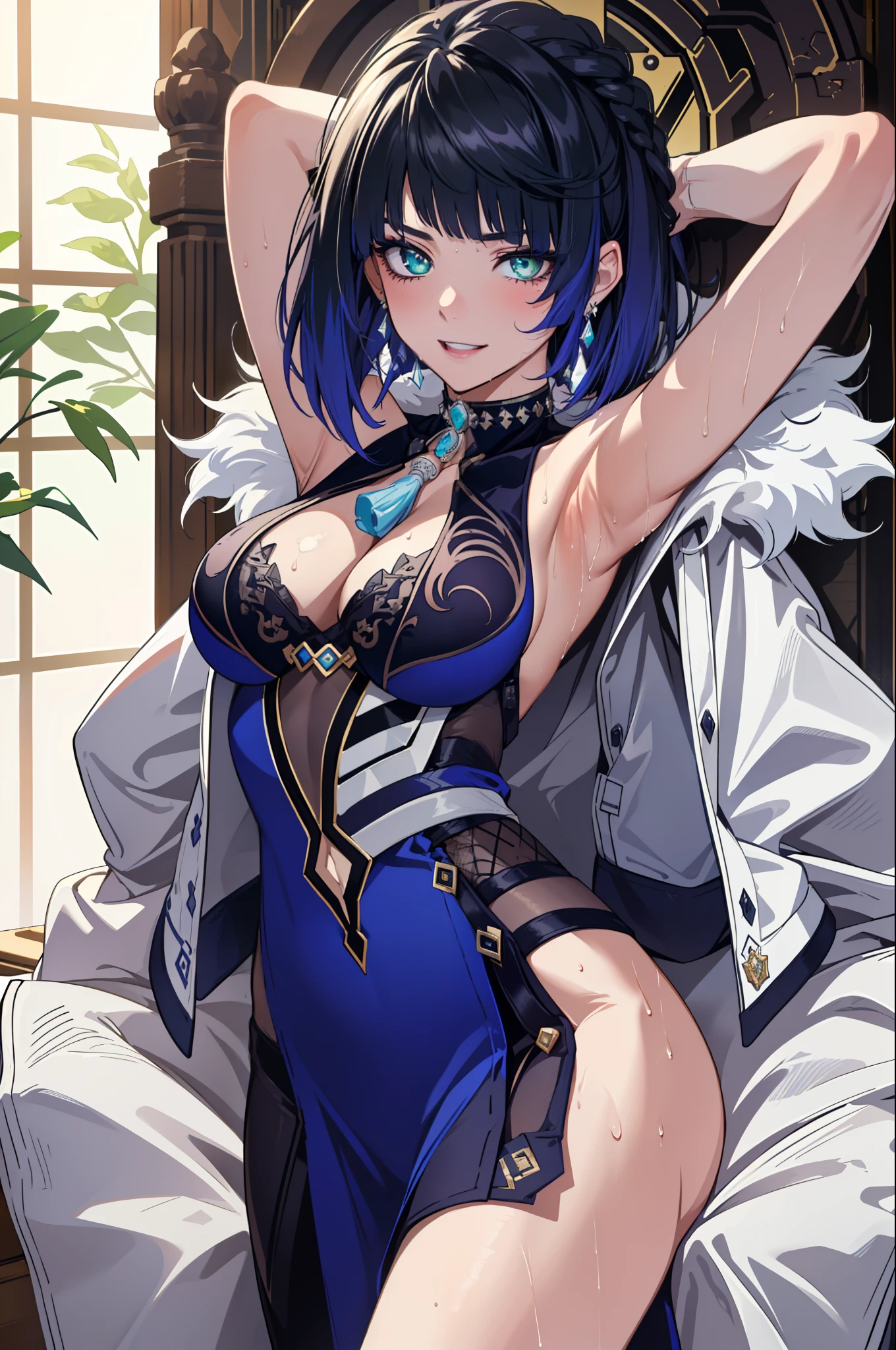 masterpiece, best quality, YelanV4, 1girl, solo, looking at viewer, blush, smile, large breasts, gloves, dress, cleavage, jewelry, green eyes, jacket, earrings, armpits, fur trim, blue dress, white jacket, tassel, arms behind back, pelvic curtain, mole on breast, jacket on shoulders, vision (genshin impact), purple lips, dice, masterpiece, (((detailed fingers))best quality, highly detailed, masterpiece, best quality, 1girl, solo, barefoot, blue shirt, long sleeves, blush, feet, toes, looking at viewer, , Naked, NSFW, (high resolution), (masterpiece:1.6, best quality), (finely detailed beautiful eyes: 1.2), ultra-detailed, (extremely detailed CG unity 8k wallpaper), (masterpiece), (best quality), (ultra-detailed), (best illustration), (best shadow), (absurdres), (detailed hand), solo, looking at viewer, smile, presenting armpit, armpit, arm up, lumen reflections, natural lighting, evocative, triadic color scheme, cowboy shot, elegant, voluptuous:0.6, looking at viewer, female, solo, blush, open mouth, smile, teeth, bare shoulders, arms behind head, navel, solo, barefoot, looking at viewer, thighs, parted lips, arms up, topless, 1girl, armpits, (small breasts), ((naked)) (nipples), Exposed side breasts, raised arms showing sweaty armpits, shy, (intricate details), colorful, full-body portrait, capture excellent full-body shots, (white bed sheet:1.2), dakimakura, lying on bed, detailed feet, on back, (crotch), (groin), (finely detailed eyes and detailed face:1.3), (skindentation), lustrous skin, wide hips, anime nose, toddler face, (tsurime:1.3, eyeliner, sharp eyelashes:1.2, solid eyelid), messy hair, unkempt, (wet body), (dripping sweat), choker, bare shoulders, see-through, emotionless face, naughty face,