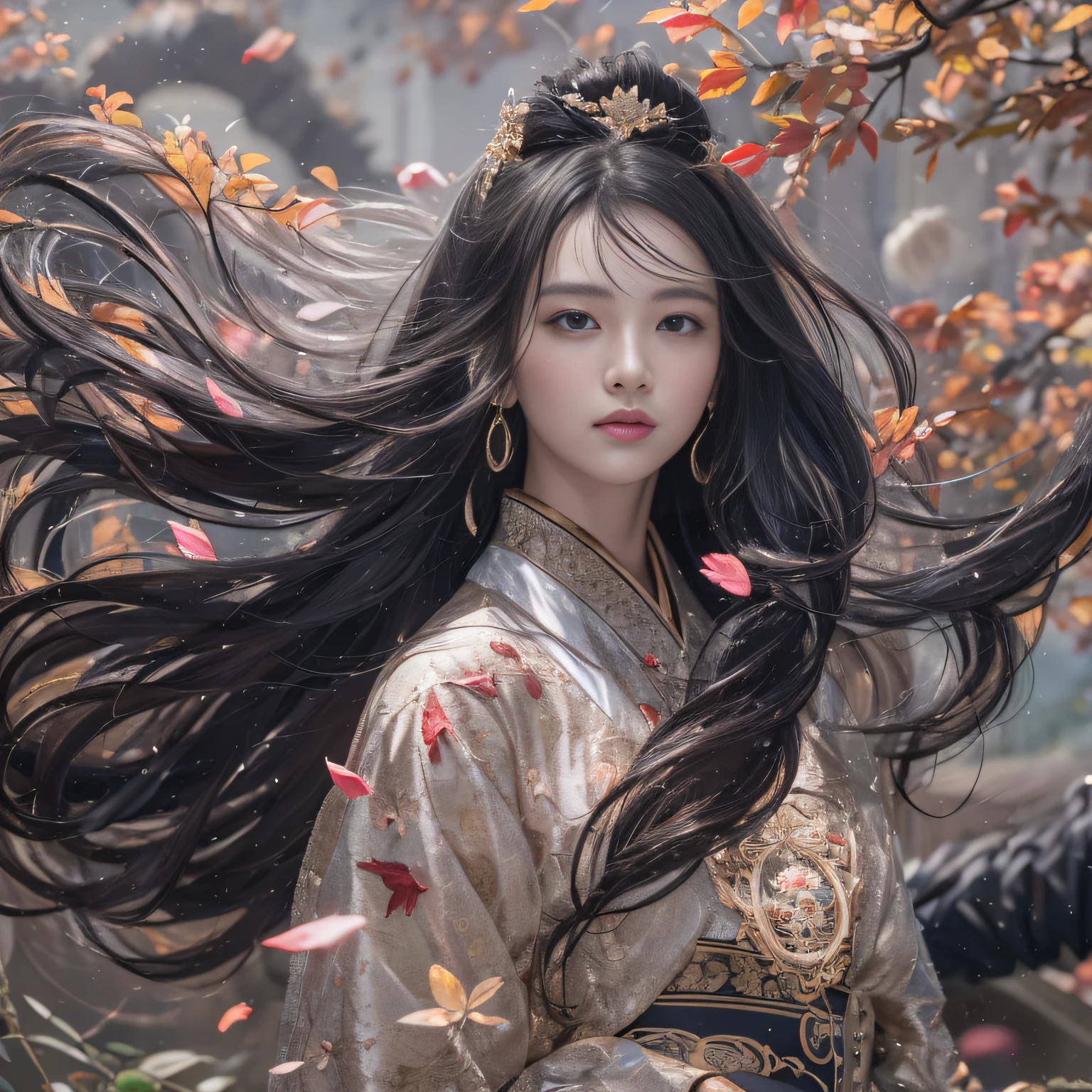 32K(tmasterpiece,k hd,hyper HD,32K)Long flowing black hair,ponds,zydink, a color, Xuzhou people (Silly girl), (Silk scarf), Combat posture, looking at the ground, long whitr hair, Floating hair, Carp pattern headdress, Chinese long-sleeved clothing, (abstract ink splash:1.2), Pink petal background,Pink and white lotus flowers fly(realisticlying:1.4),Black color hair,Fallen leaves flutter,The background is pure, A high resolution, the detail, RAW photogr, Sharp Re, Nikon D850 Film Stock Photo by Jefferies Lee 4 Kodak Portra 400 Camera F1.6 shots, Rich colors, ultra-realistic vivid textures, Dramatic lighting, Unreal Engine Art Station Trend, cinestir 800,Long flowing black hair