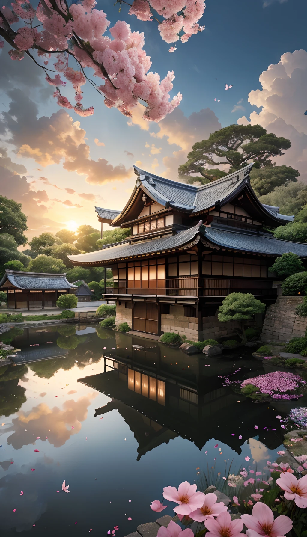 Huge tree，florals，rios，Huge watermill , [(White background:1.5)::5], Medium Shot Shot, butterflys,Petals floating in water,steins,Cloud,setting sun,Dusk,House under the tree，Japanese-style architecture